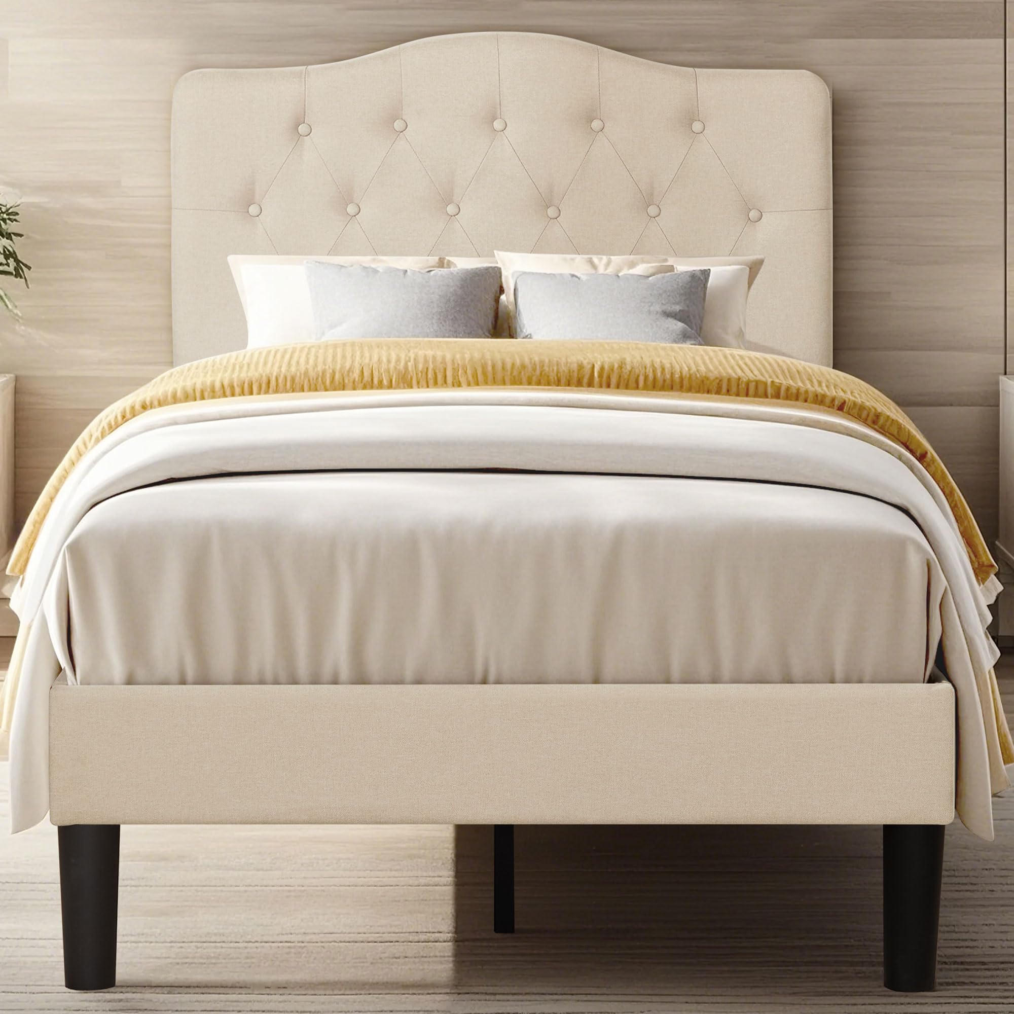 vecelo twin size bed frame upholstered platform with tufted adjustable headboard/mattress foundation with wood slat support, easy assembly,beige