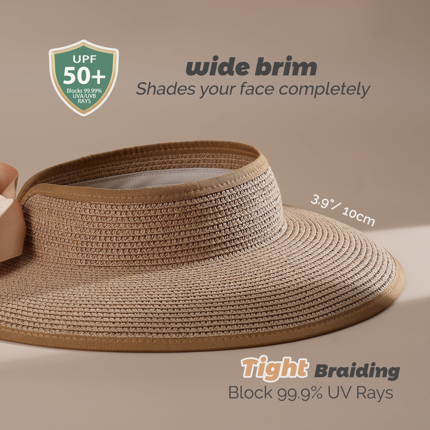 Sun Visor Hats for Women Straw Visor Wide Brim UV Protection Packable Summer Beach Hat Ponytail Travel UPF 50+ - Image 3