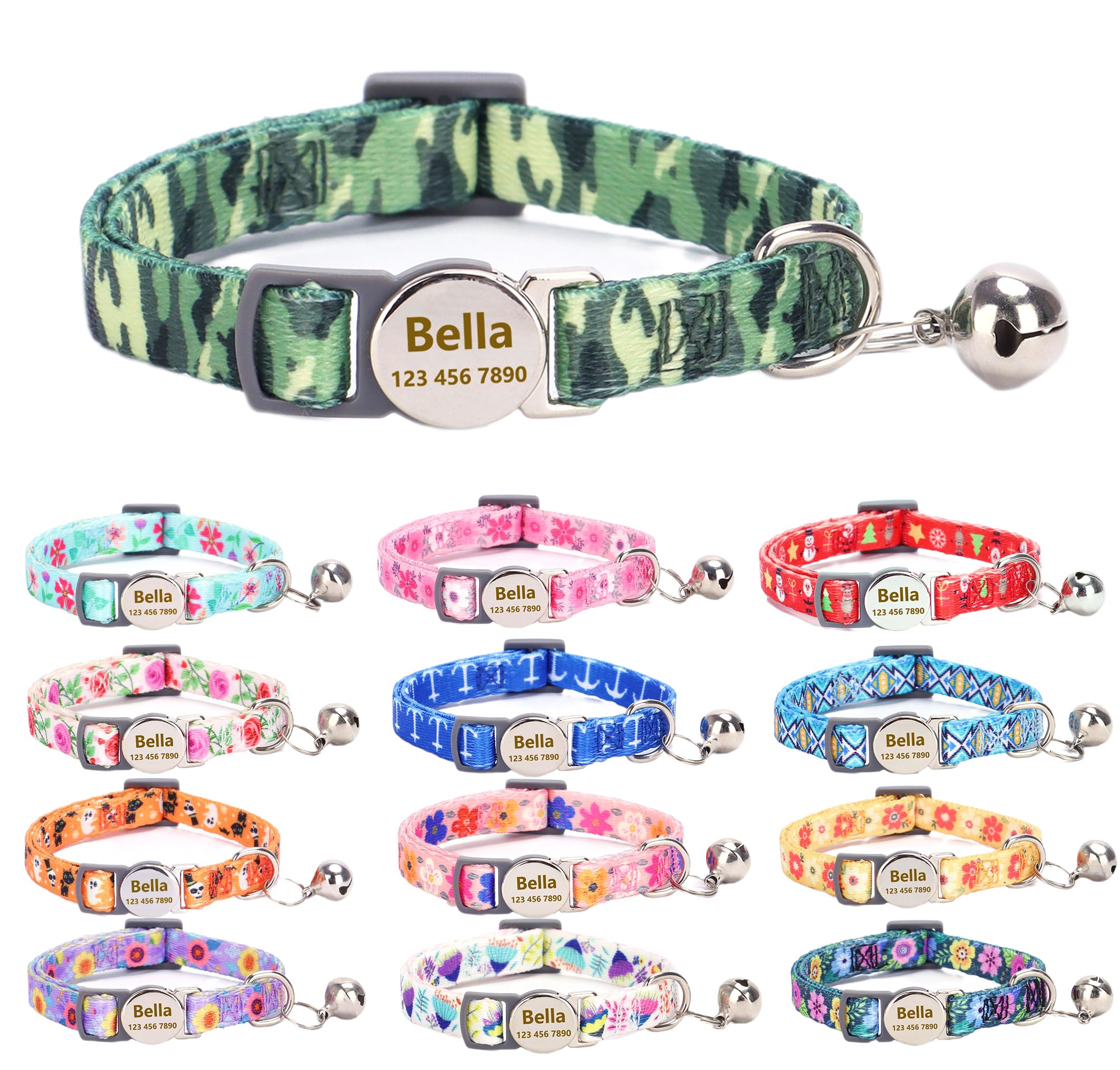Moonpet Custom Personalized Breakaway Kitten Cat Collar with ID Name Phone Number Tag Plate/Customized Engraved Floral Pattern Boy Girl Cat Kitten Collar with Bell-Green camouflage