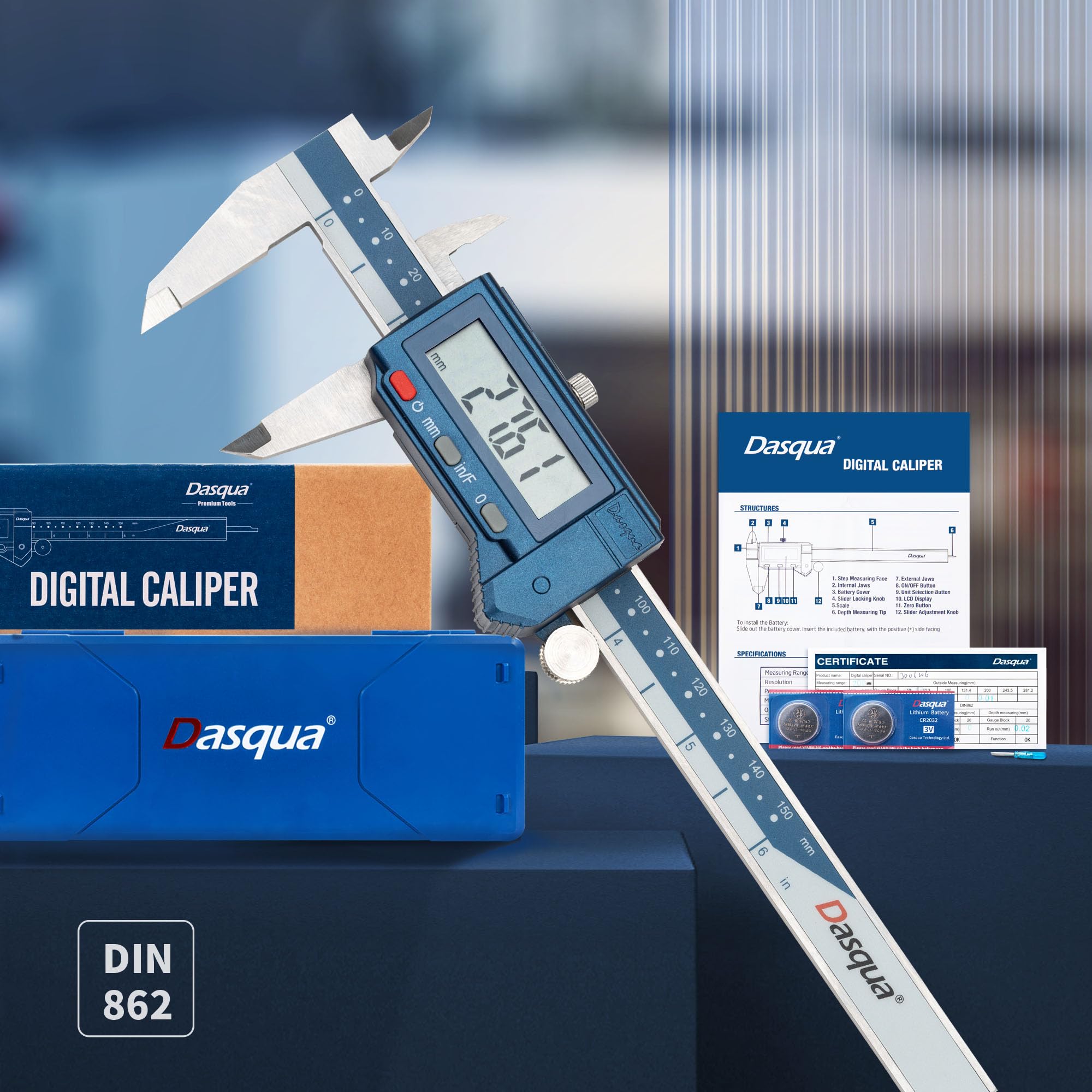 Dasqua Calibro digitale da 6" in acciaio inox, grado di protezione IP54, con schermo grande, conversione in/mm/frazioni, alta precisione ± 0,1", con custodia protettiva