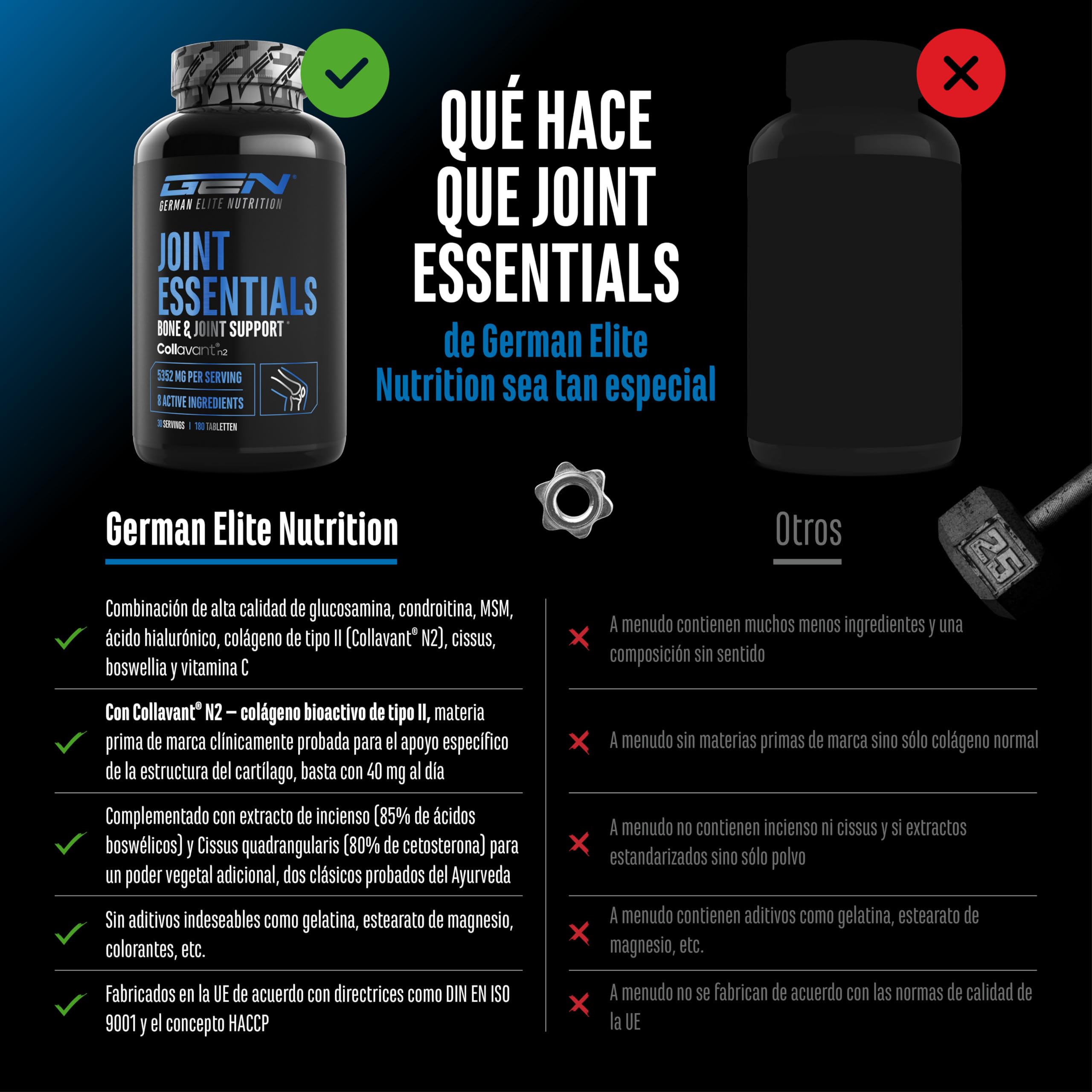 Joint Essentials: suplemento para las articulaciones con Collavant® N2 colágeno tipo II, glucosamina, condroitina, MSM, ácido hialurónico y vitamina C. 180 comprimidos.