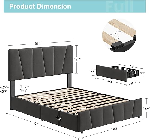 Miniatura 2 de IDEALHOUSE Base de cama tamaño Queen con 4 cajones de almacenamiento y cabecero, marco de cama tapizado con soporte de listones de madera, no