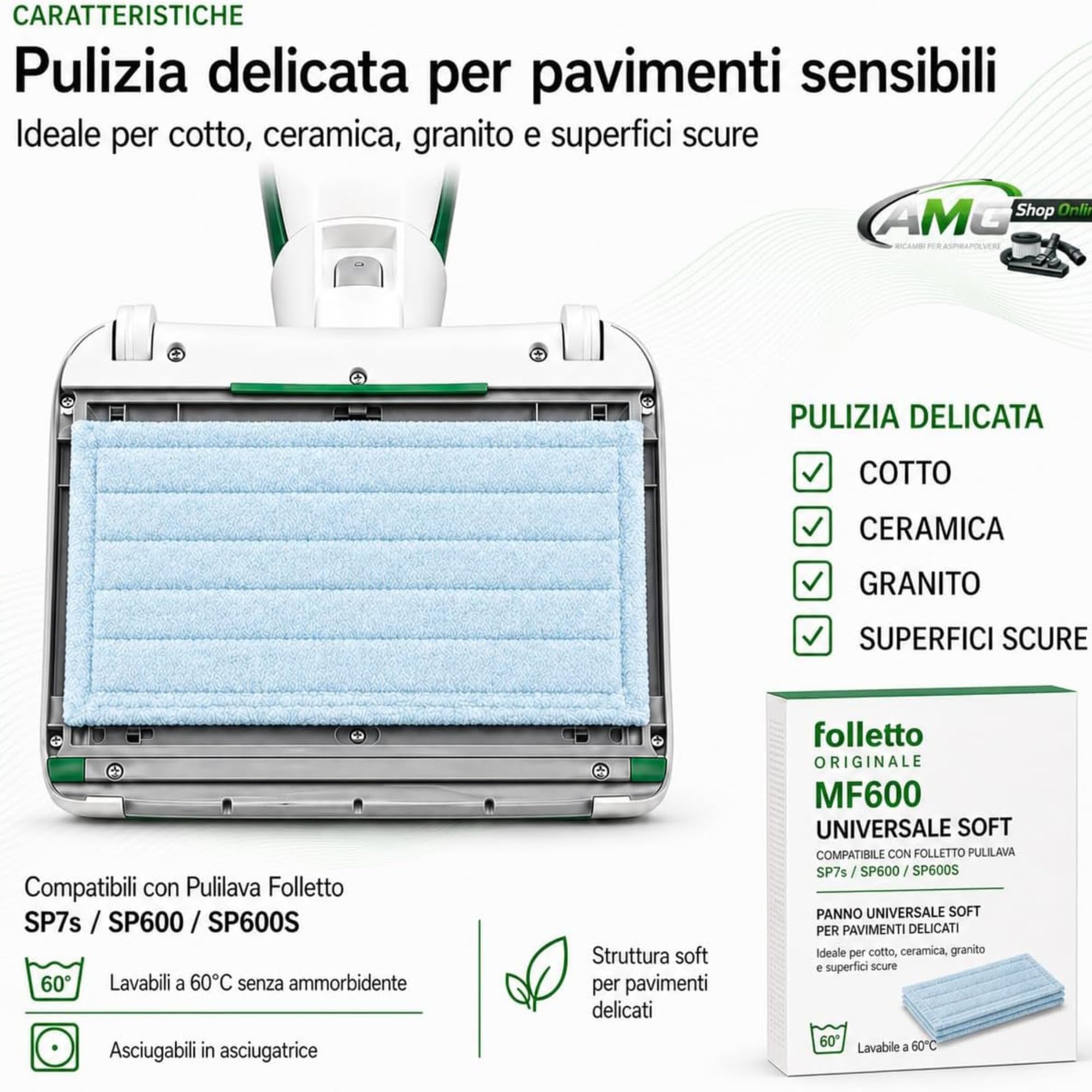 SET 3 PANNI LAVAPAVIMENTI Universale Soft MF600 ORIGINALE + Detergente KOBOCLEAN per Folletto Pulilava SP7s, SP600 e SP600S - Ricambi Folletto per Pavimenti Delicati, Cotto, Ceramica, Granito