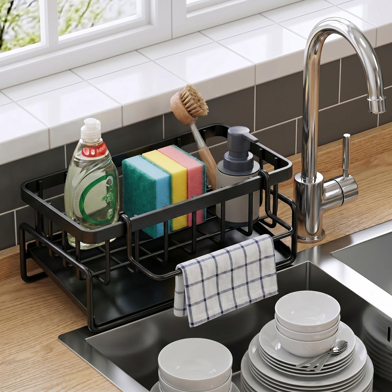 Pippuru Sink Caddy - Kitchen Storage & Organisation Organiser with Sponge Holder & Sink Tidy (Black)
