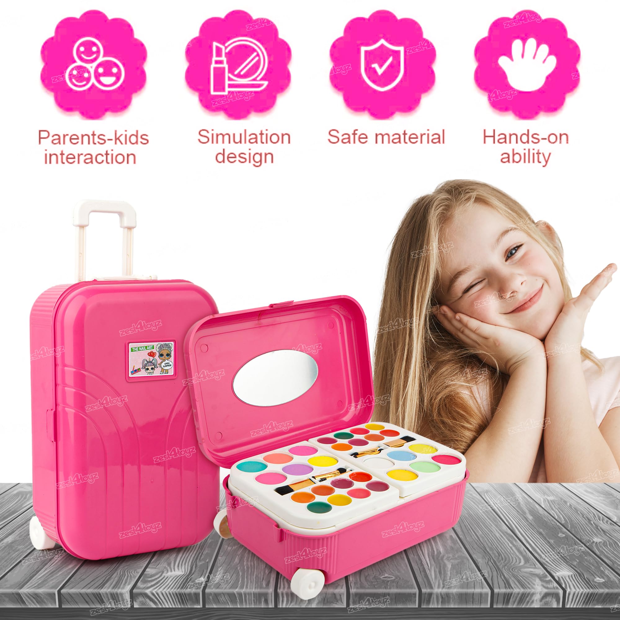 Zest 4 Toyz 2 in 1 Cosmetic Makeup Palette and Nail Art Kit for Kids with Portable Trolly Bag | Pretend Play Toy for Girls -Plastic , Multicolor - Image 7 thumbnail