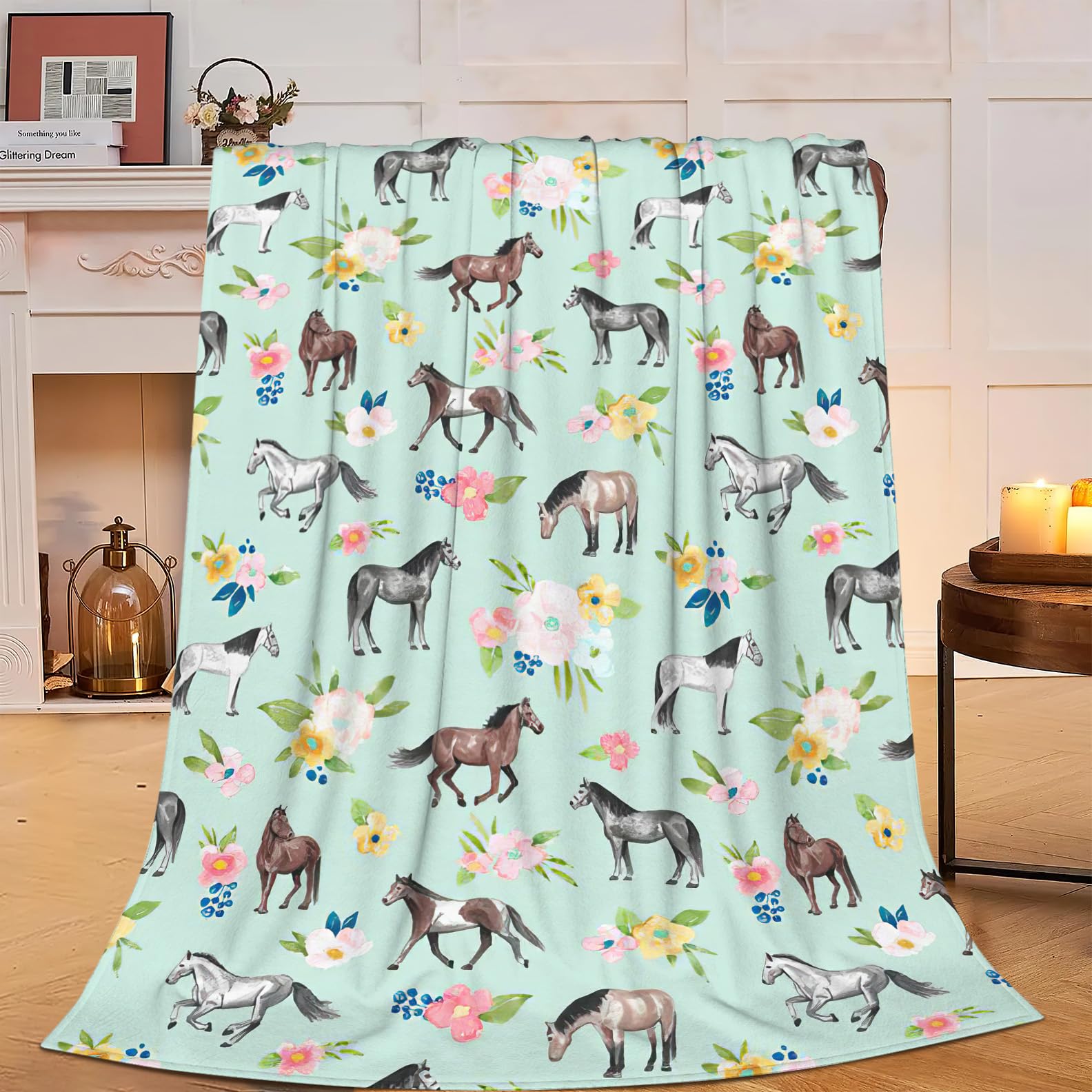 Horse Throw Blanket Super Soft Warm Floral Horse Blanket for Girls Kids, Cozy Plush Fleece Farm Animal Horse Gifts Bedding Blanket for Women Bed Couch Sofa 50"x60" — image 1