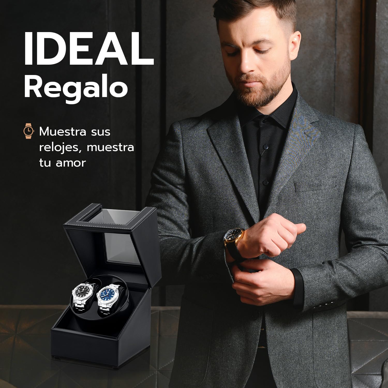 Cajas enrolladoras para Relojes para 2 Relojes automáticos, Caja enrolladora automática para Relojes, Vitrina acrílica de Cuero, rotación silenciosa