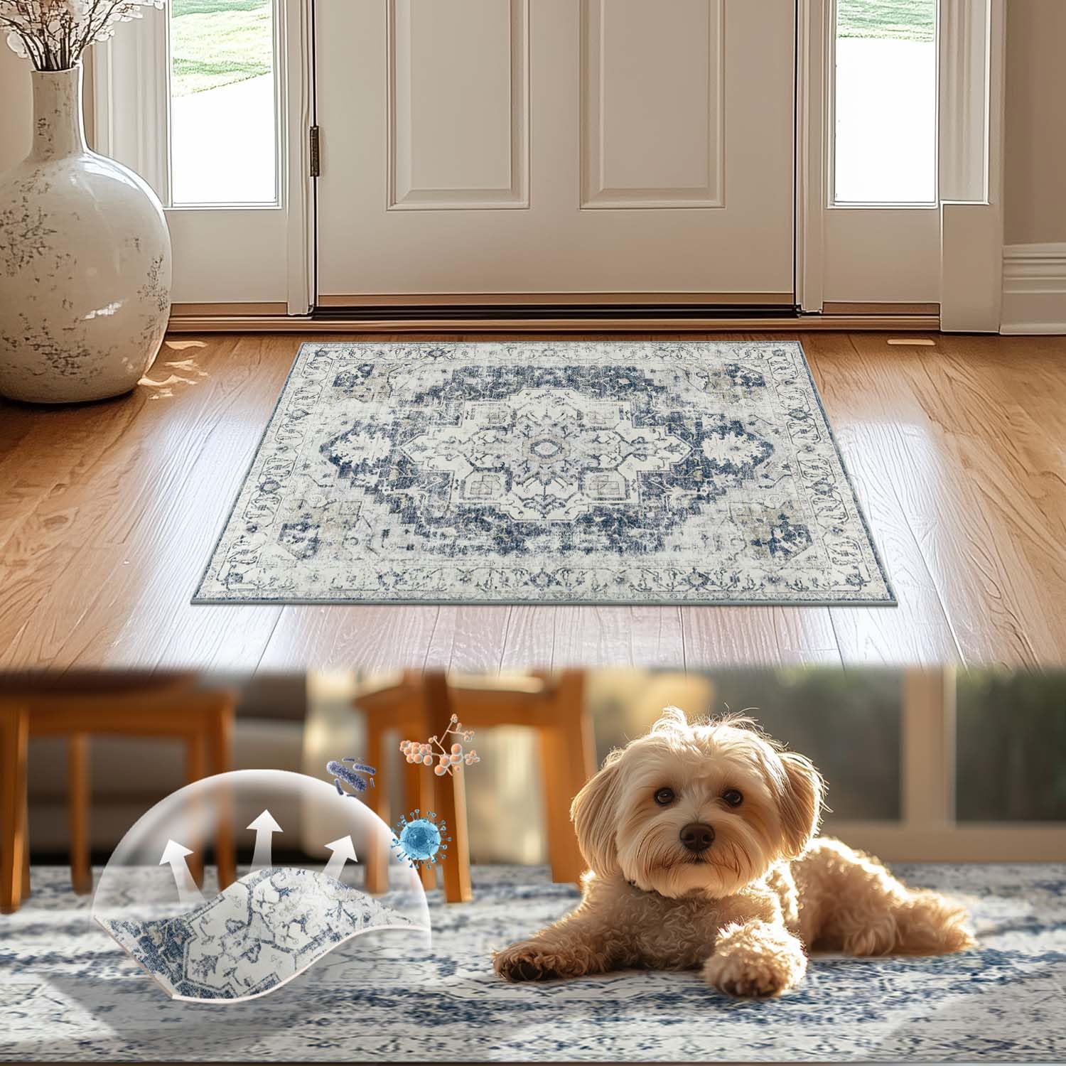 TOPICK Door mat Washable 60x90cm Grey Entryway Doormat Indoor Vintage Print Small Soft Rug Lightweight Non Slip Carpet for Kitchen Bathroom
