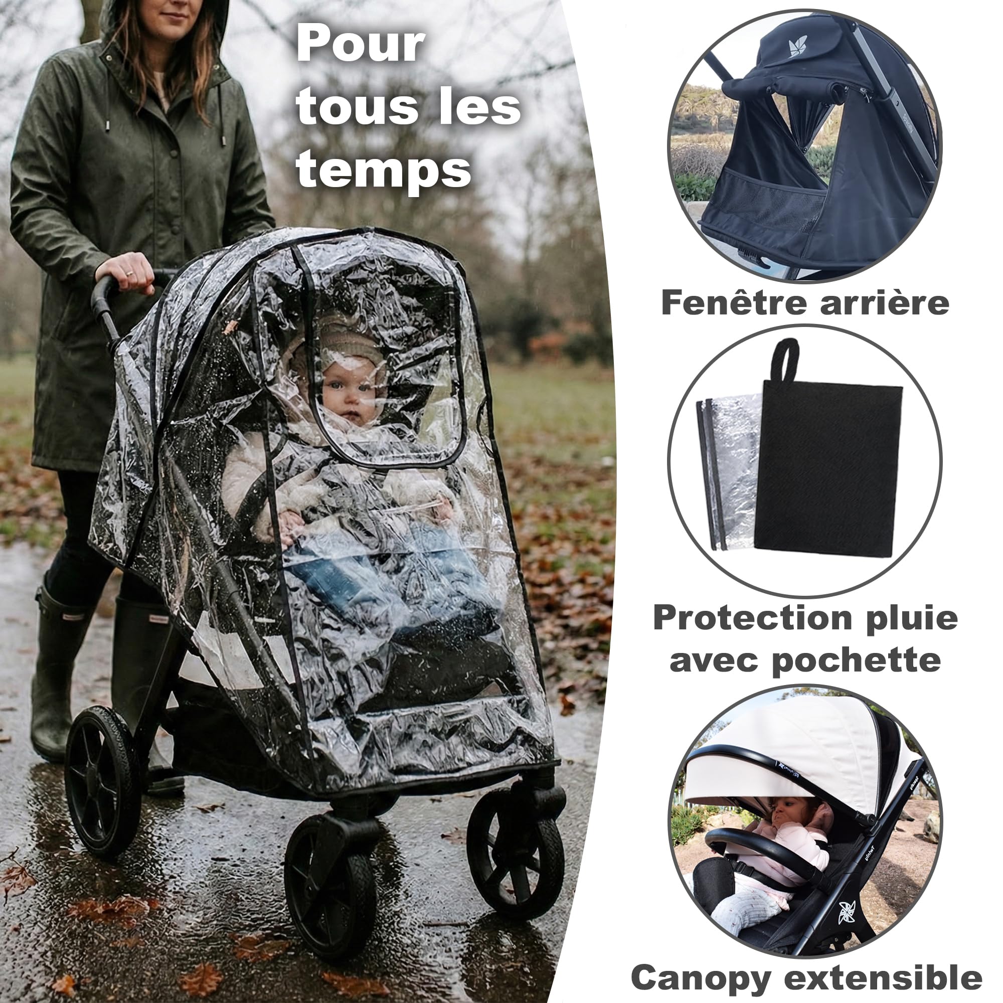 Poussette Canne Compacte et Légère jusqu'à 25kg Dès la Naissance Siège Large Capote XXL UPF-50 Pliage d'une Main Grandes Roues Noir