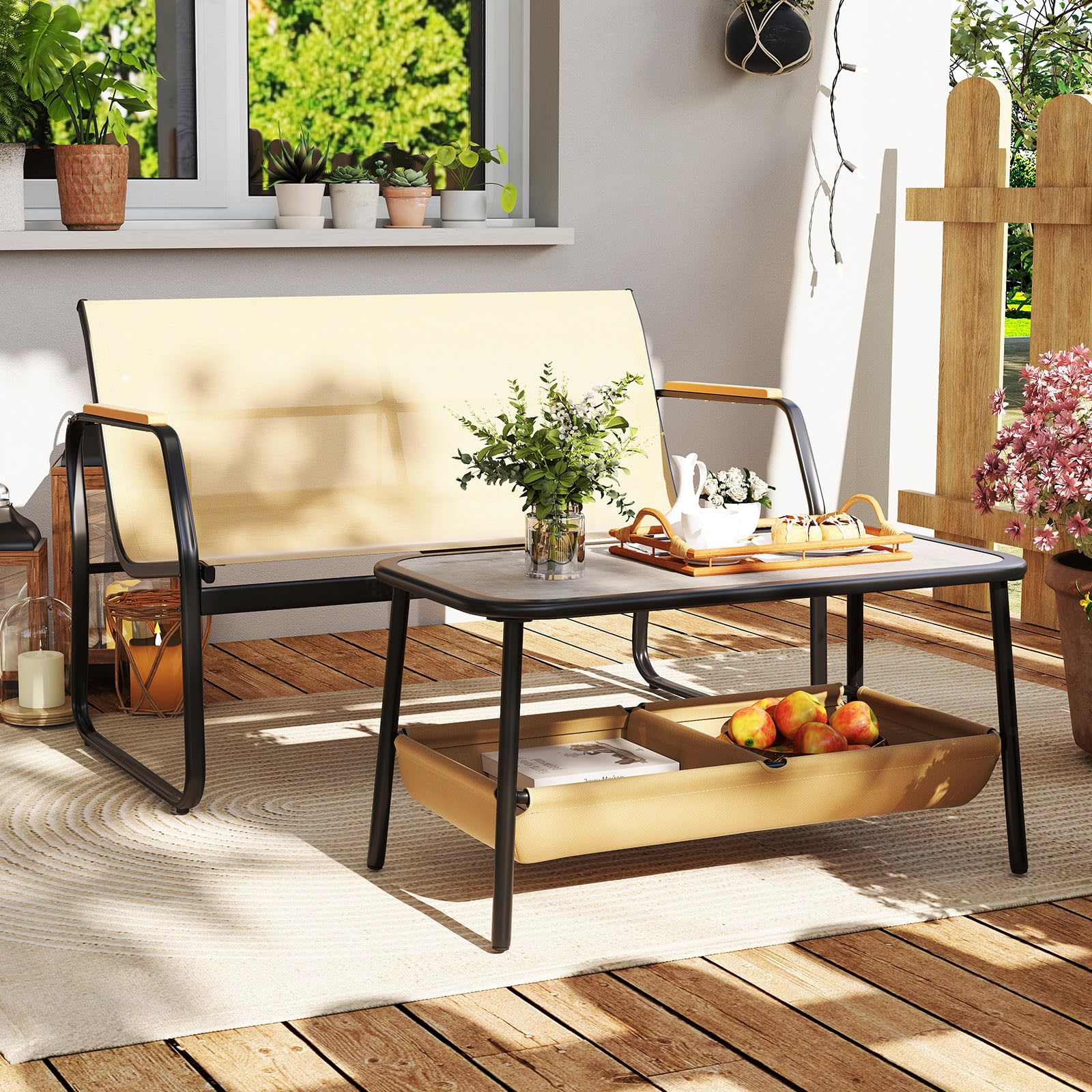 COSTWAY Conjunto Jardin Exterior de 2 Piezas, Banco Mecedora de 2 Plazas, Mesa de Café con 2 Compartimentos de Almacenaje, Mesa y Silla Terraza, Muebles Jardin Terraza Balcon Exterior