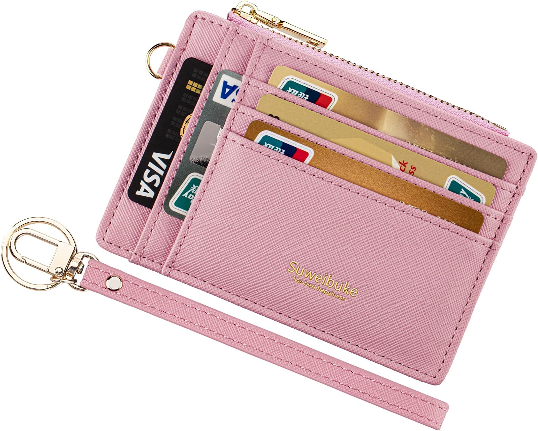 Women Slim Rfid Blocking Credit Card Case Holder Wristlet Zip ID Case Wallet Small Compact Leather Wallet Coin Purse with Keychain (Pink)