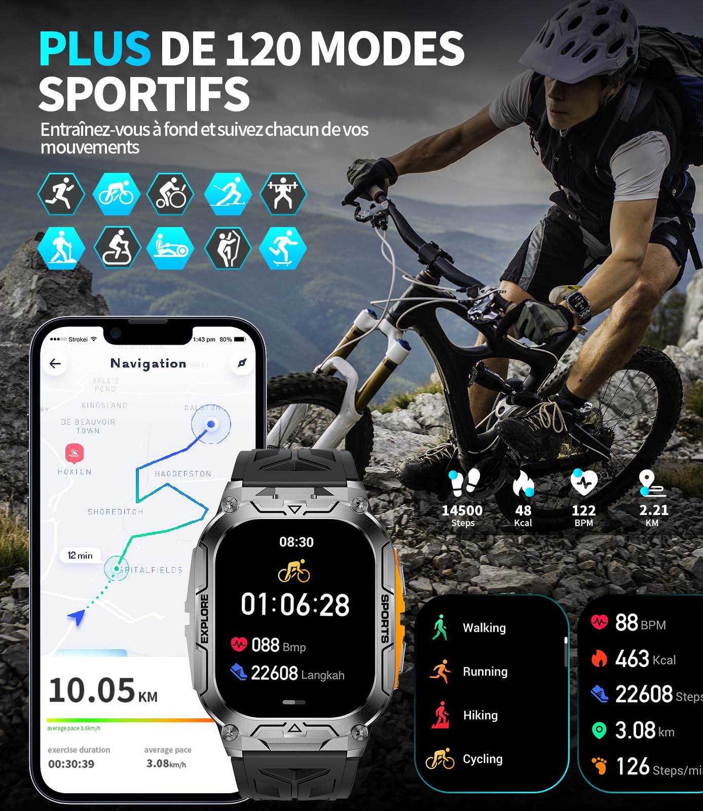 Montre Connectée Homme avec 1000 mAh,2.01'HD Grand Écran Fitness Tracker avec Sommeil/Fréquence Cardiaque,Podomètre,IP68 étanche Sport Smartwatch Homme pour Android iOS (Argenté)