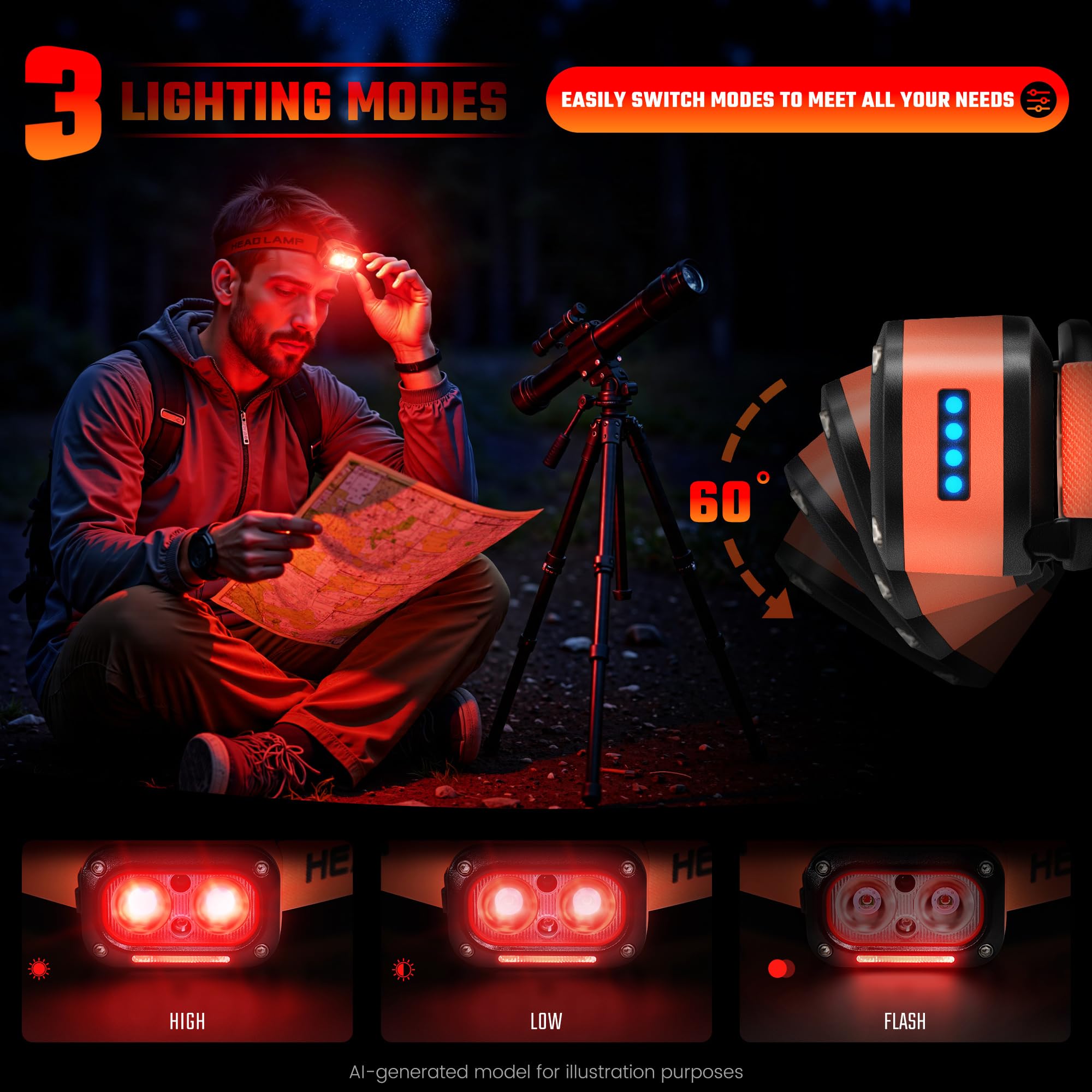 DARKBEAM Lot de 2 lampes frontales LED - Double lumière rouge - Haute luminosité - Rechargeable par USB - Avec détecteur de mouvement - Lumière rouge - Réglable vers le haut et vers le bas - Étanche