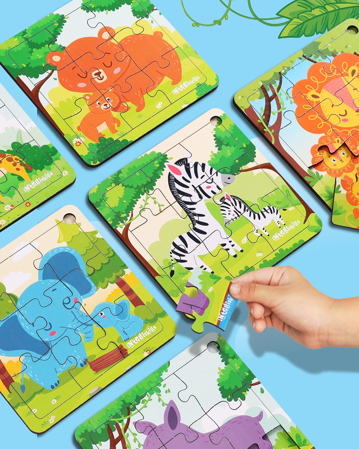FIRSTCRY INTELLISKILLS Premium Jungle Jigsaw Puzzle For Kids, Wooden Animal Jigsaw Puzzle For Girl & Boy, Learning & Education Toy For 3+ Years, Brain Booster Game, Motor Skills,Birthday Gift (54 Pcs)