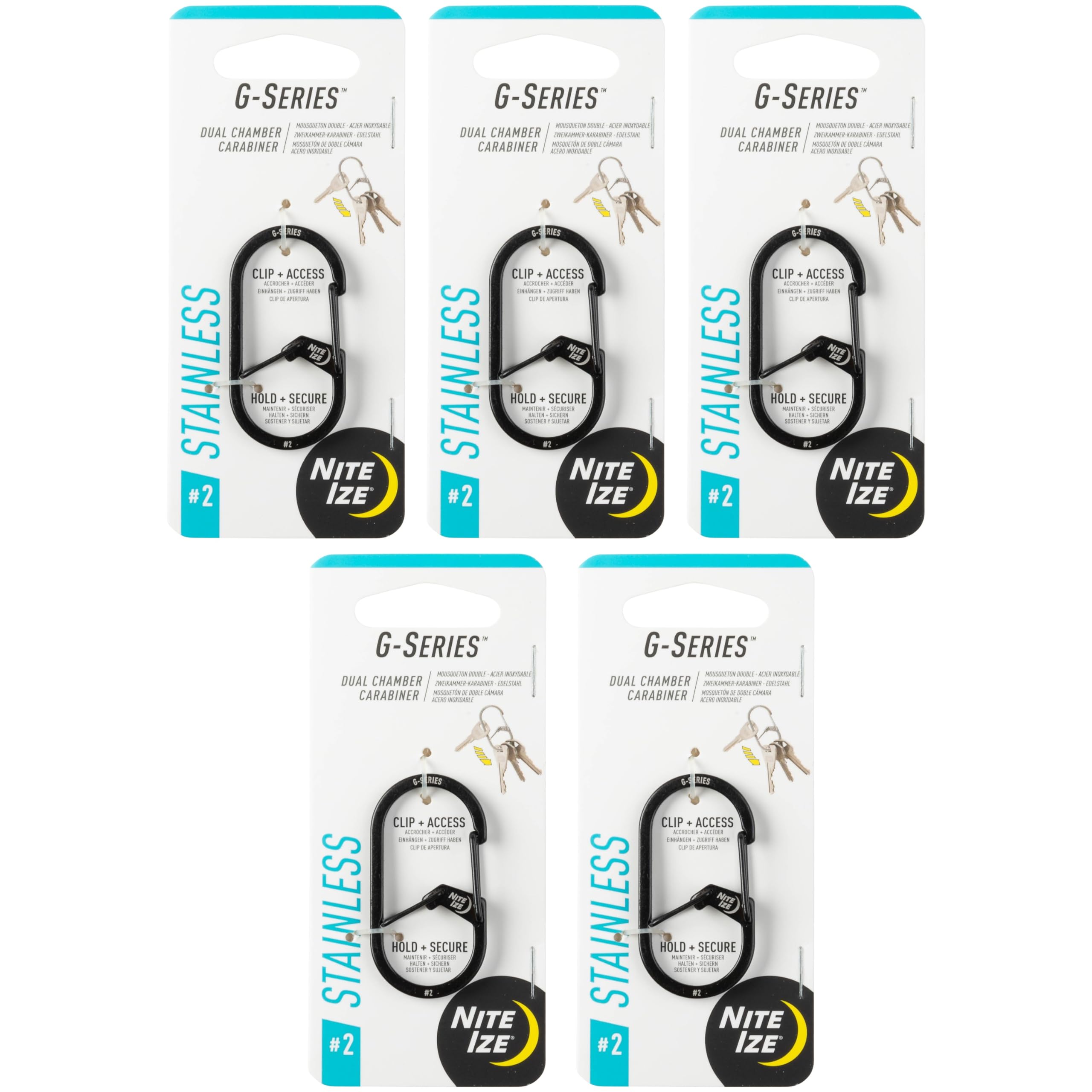 Nite Ize G-Series Dual Chamber Carabiner - Heavy-Duty Key Organizer Carabiner Clip - Dual Chamber Carabiner with Wire Gate Closure - Black, Size 2 (5 Pack)