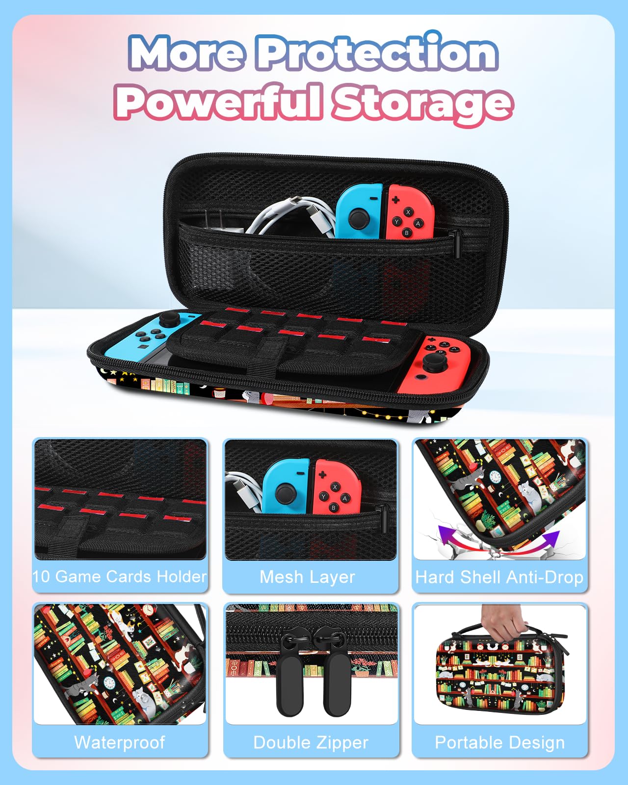 Funda de transporte para Nintendo Switch/Switch OLED, funda de transporte de viaje, funda protectora rígida, estantería para libros, gatos, niñas, niños, accesorios, bolsa de almacenamiento