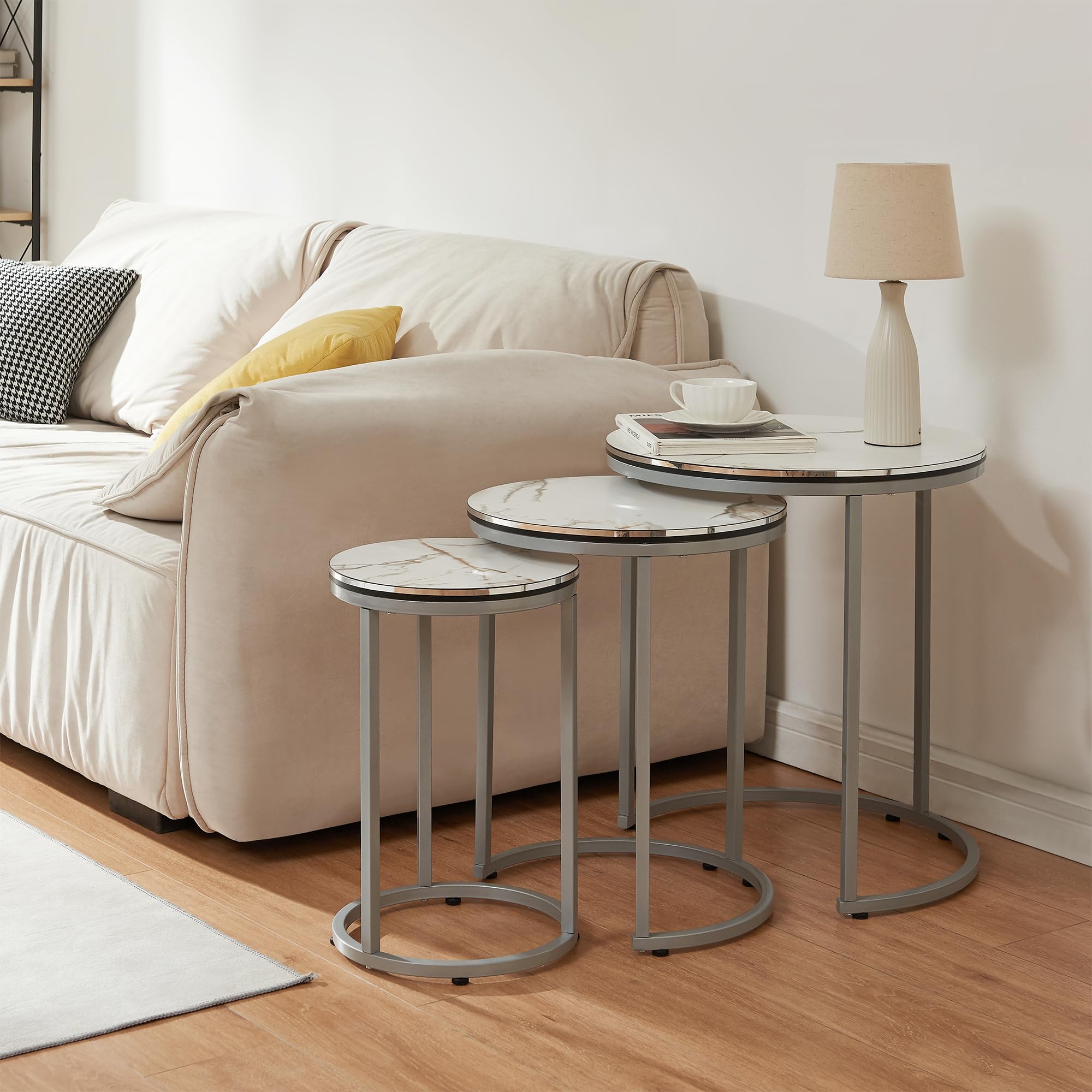 [en.casa] Set di 3 Tavolini da Salotto Tavolini Sovrapponibili con Telaio in Metallo e Piano Rotondo in Effetto Marmo Bianco