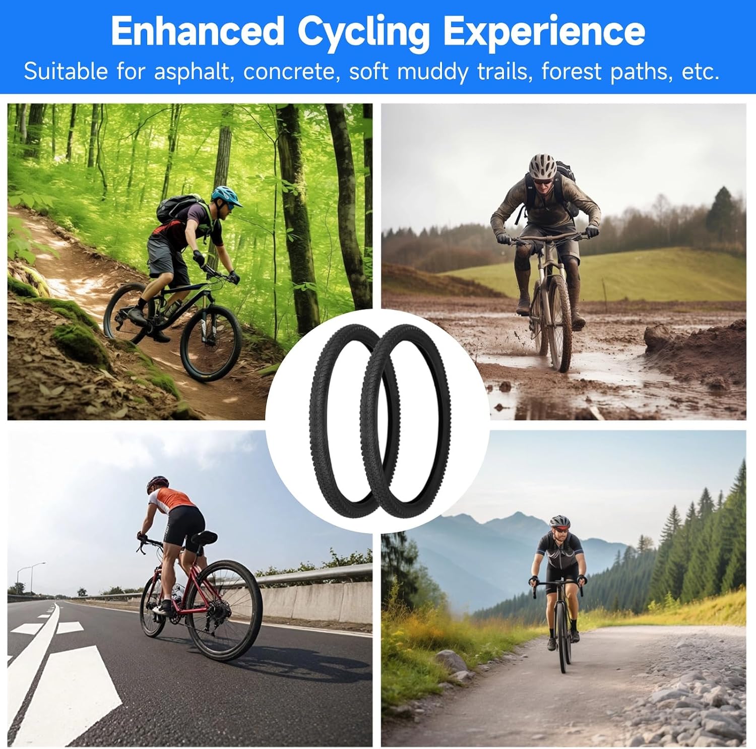 2 PCS 24 x 2.125 Bike Tire and Tube Set, (57-507) 24 Inch Mountain Bike Tire with 24X2.125 Inch BikeTubes & Tire Replacement Set,for MTB, BMX, City Roads, Muddy Trails