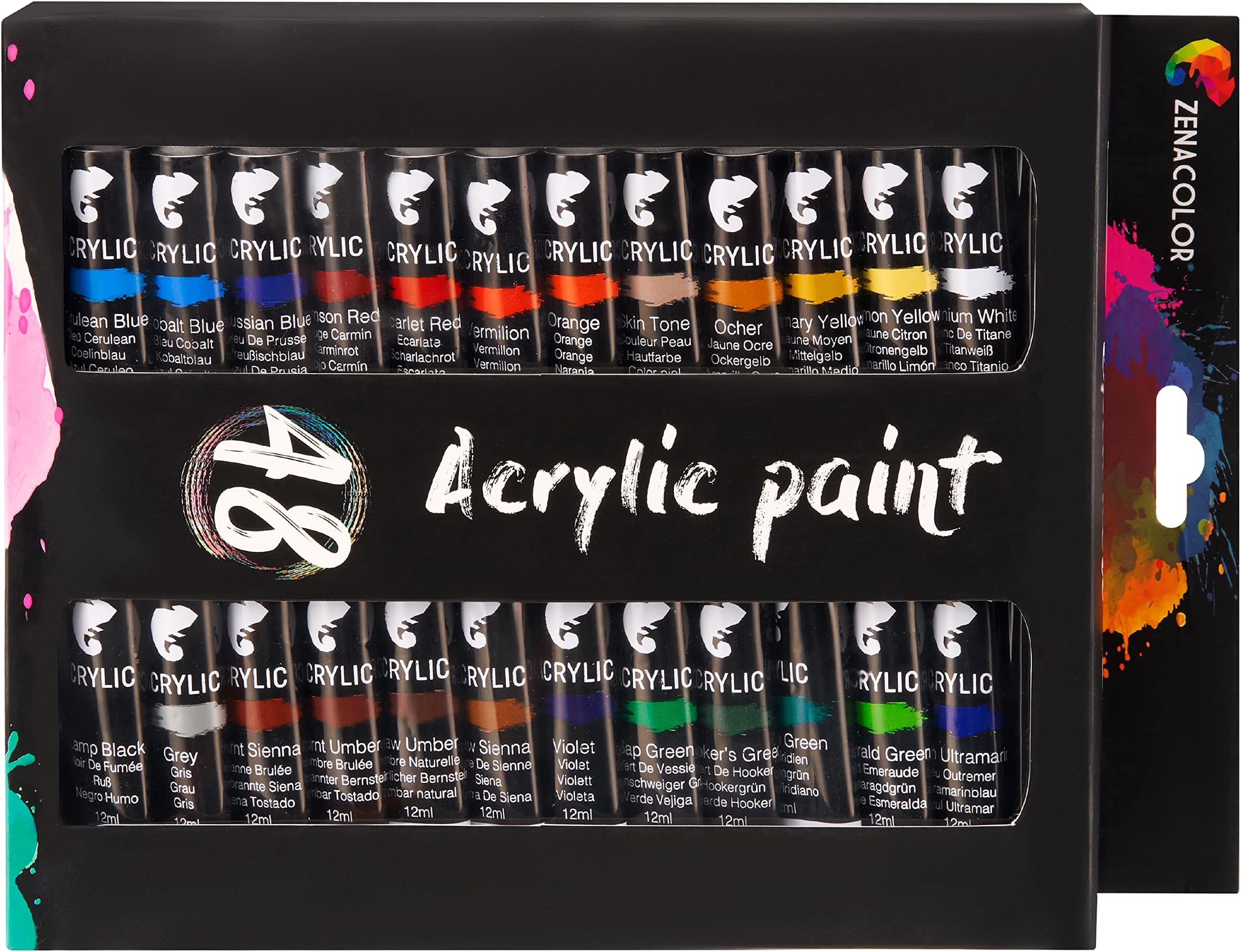 Zenacolor 48 Acrylic Paint Set 12ml Tubes (0.4 oz) - Set of Paints for Canvas, Art and Craft for Artist and Professional