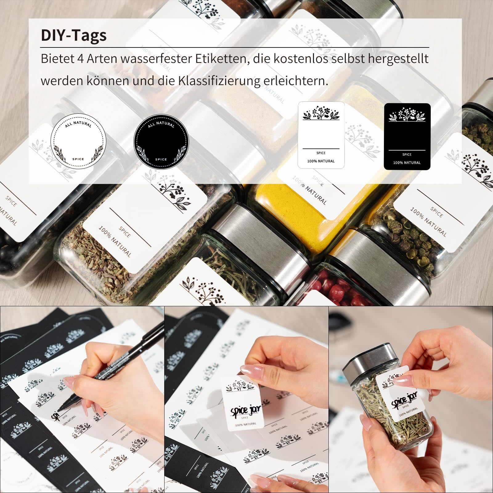 24 Gewürzgläser Eckig,120ML Gewürzdosen Set mit Streueinsatz,Gewürzstreuer mit Drehdeckel-Starke Versiegelung,Edelstahl-Glas Gewürz Organizer inklusive Trichter, Etikett und Stift