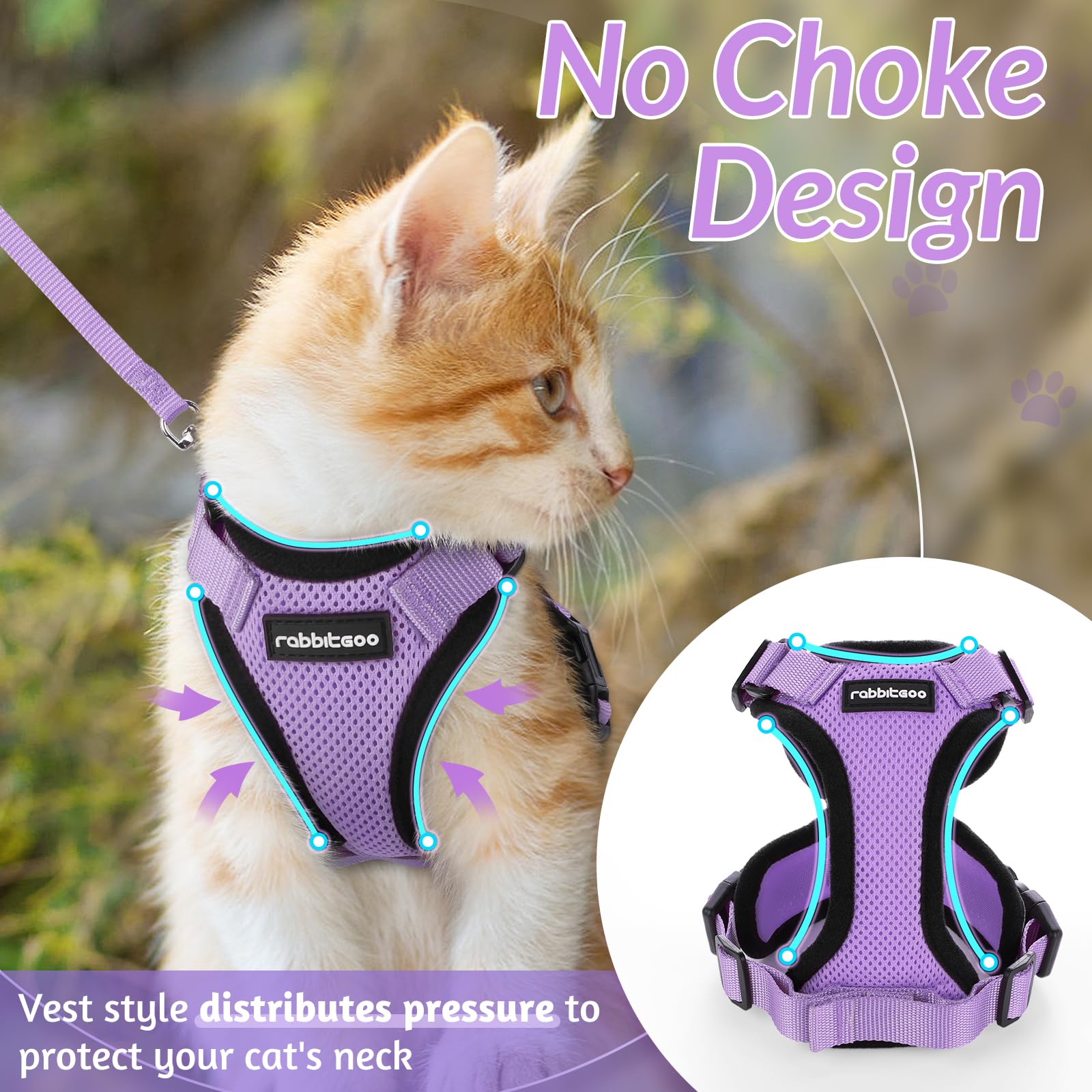 rabbitgoo Pettorina Gatto Antifuga con Guinzaglio, Guinzaglio per Gatti Regolabile, Pettorina Cane Taglia Piccola Riflettente, Imbracatura Gatto Adulto in Maglia Traspirante, Viola Chiaro, XS