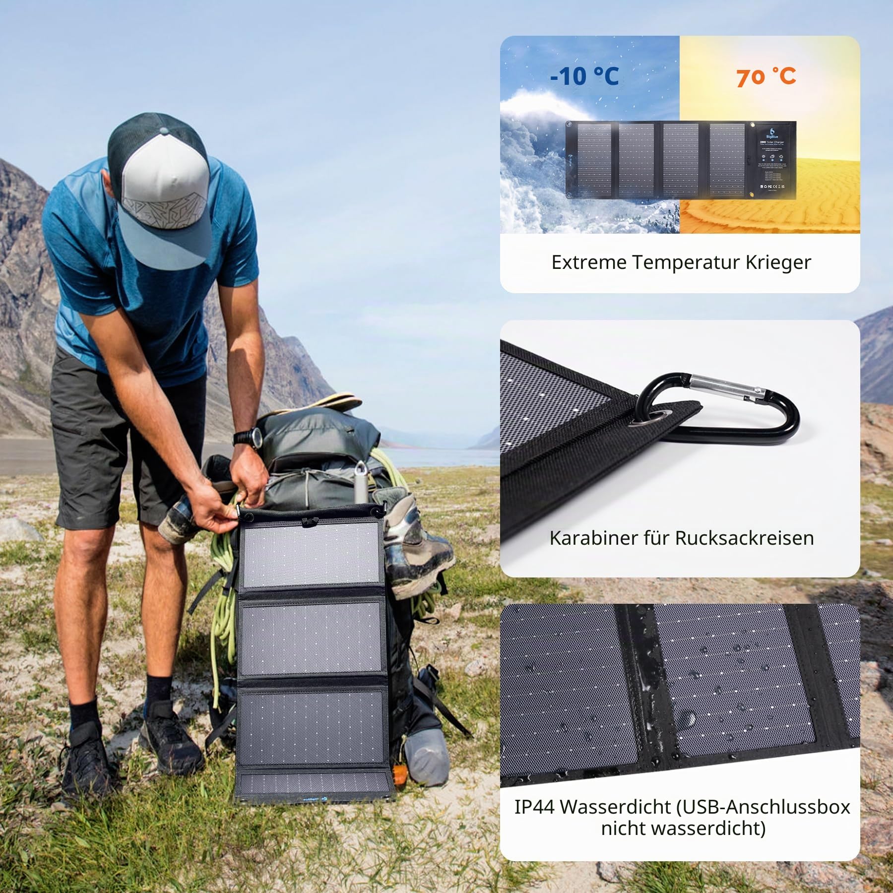 BigBlue 28W Tragbar Solarladegerät mit 3 USB-Anschlüssen(4,8A insgesamt), IP44 Wasserdicht Solarpanel, Faltbar, Ideal für Outdoor Aktivitäten, für Wiederaufladen Powerbank-iPhone Android GoPro