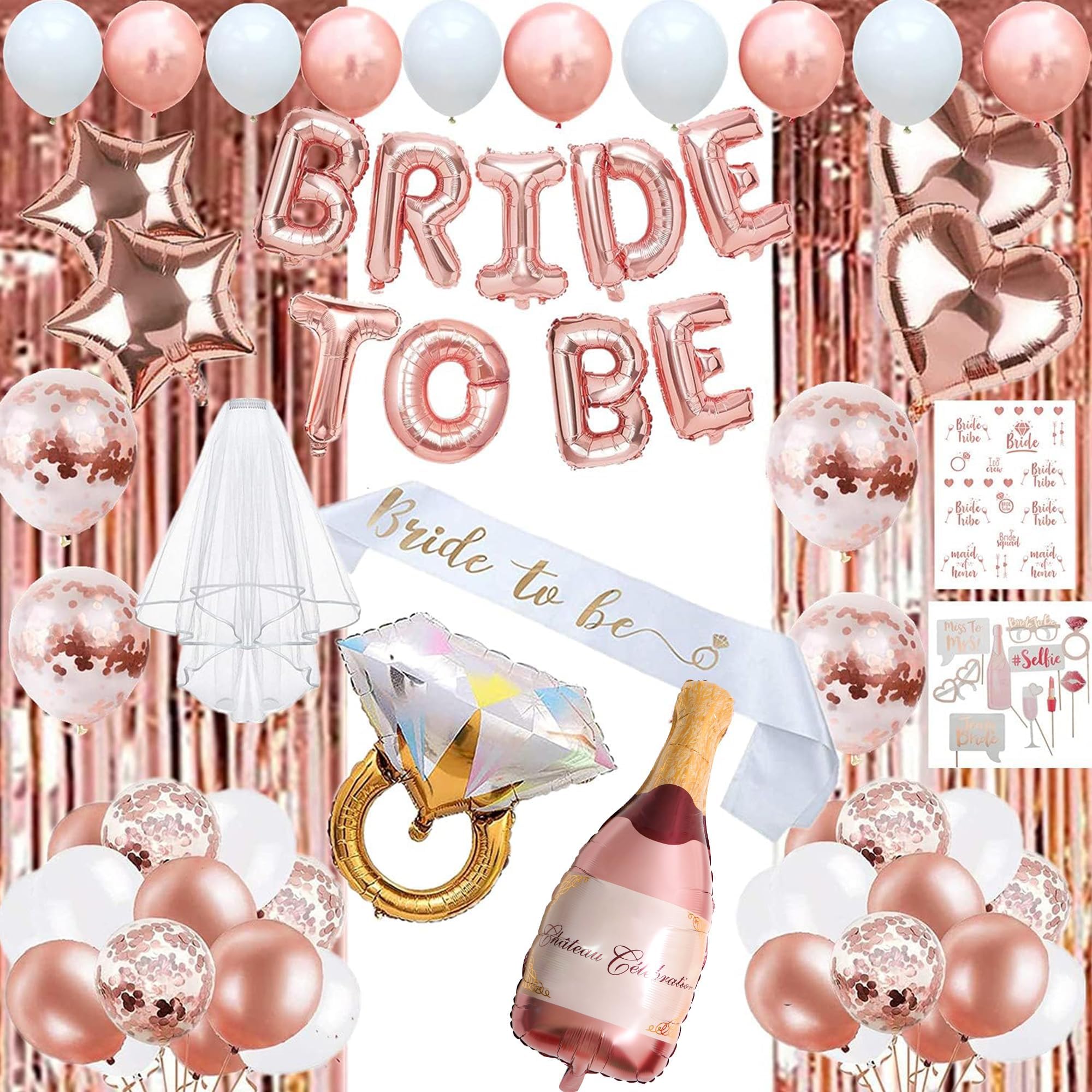 EFAILY Bachelorette Party Decorations - Rose Gold Bridal Shower Party Decor and Supplies Kit Bride To Be Sash, Veil, Temporary Tattoos, Confetti Balloons Pack Fringe Curtain.