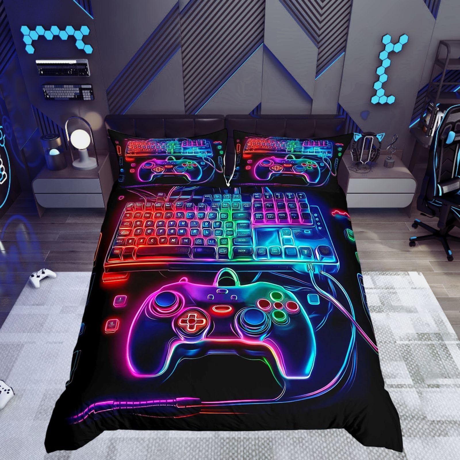 Homewish Neon Gaming Double Bedding Set Kids Gamer Duvet Cover 3 Piece - Modern Game Controller Keyboard Quilt Cover Video Game Room Decor - Colorful Gamepad Reversible Bed Sets Soft Microfibre