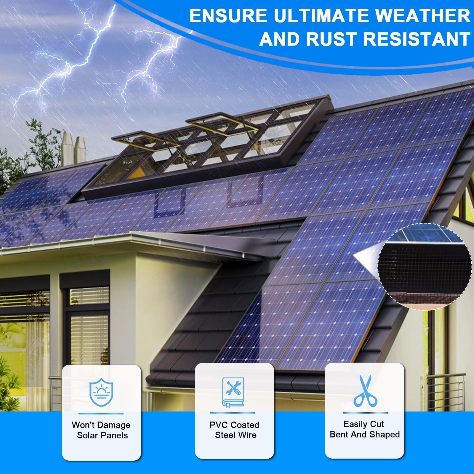 Protector de Malla de Alambre para Paneles Solares de Tejado, 25 cm X 30 m | PVC Malla de Protección de Paneles Solares en Rollo Antipalomas con 70 Fijaciones de Acero Inoxidable, Rodillos Antipalomas