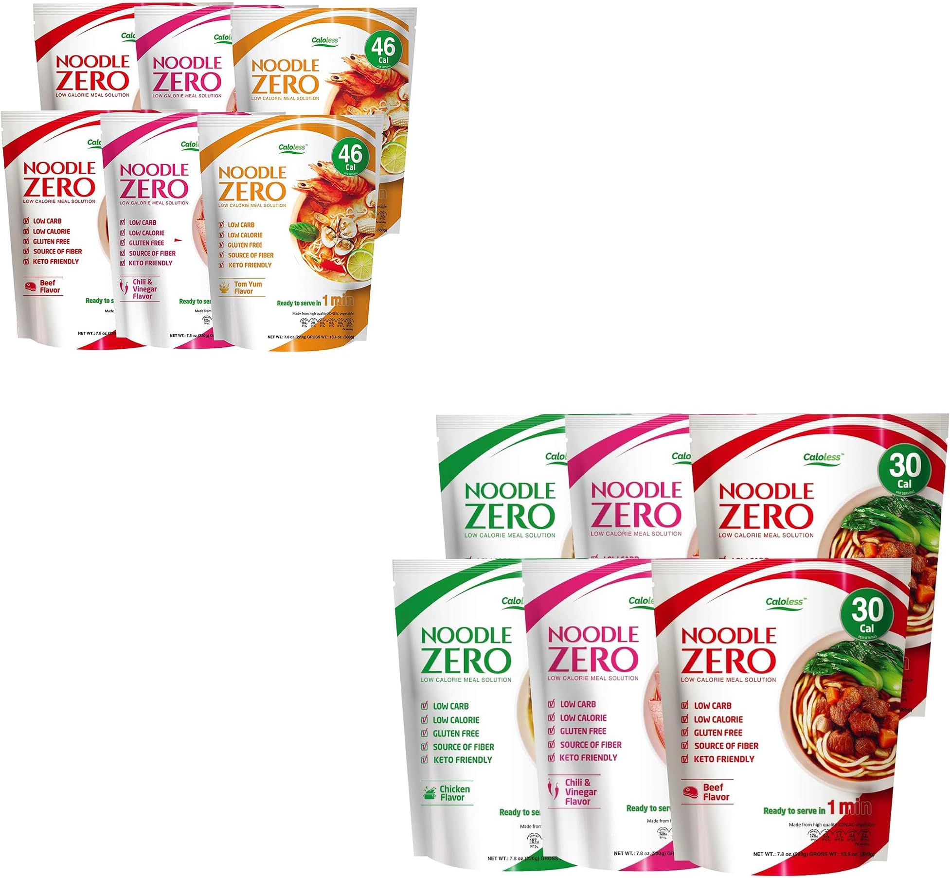 Caloless Konjac Shirataki Noodles 12-Pack Low Calorie Healthy Food (Beef/Tom Yum/chilli/Chicken)-Gluten Free, Keto Snacks, Non Gmo, Low Carbs Glucomannan Diabetic Noodle Pasta Flavor Variety Pack