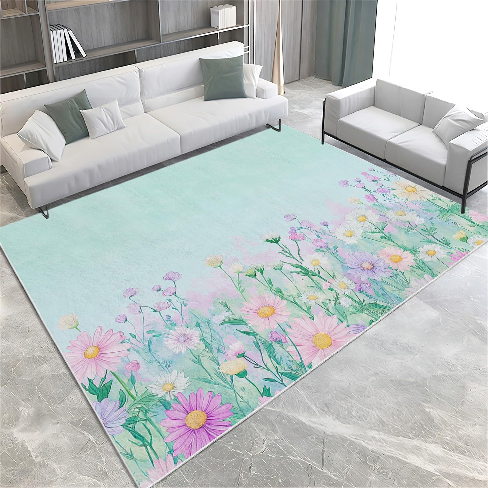 Tapis de salon lavable et antidérapant 120x120 cm à motif floral vert