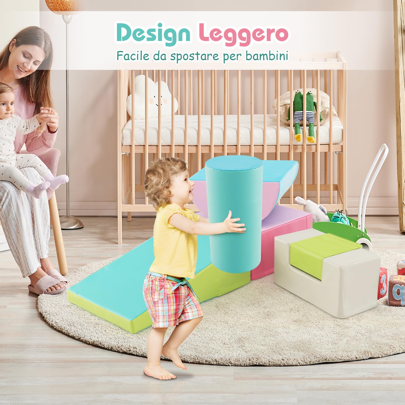 COSTWAY Set di 6 Blocchi per Bambini con Diverse Forme e Colori, Centro Attività Palestrina Giocattolo per Arrampicata e Strisciamento (Verde)