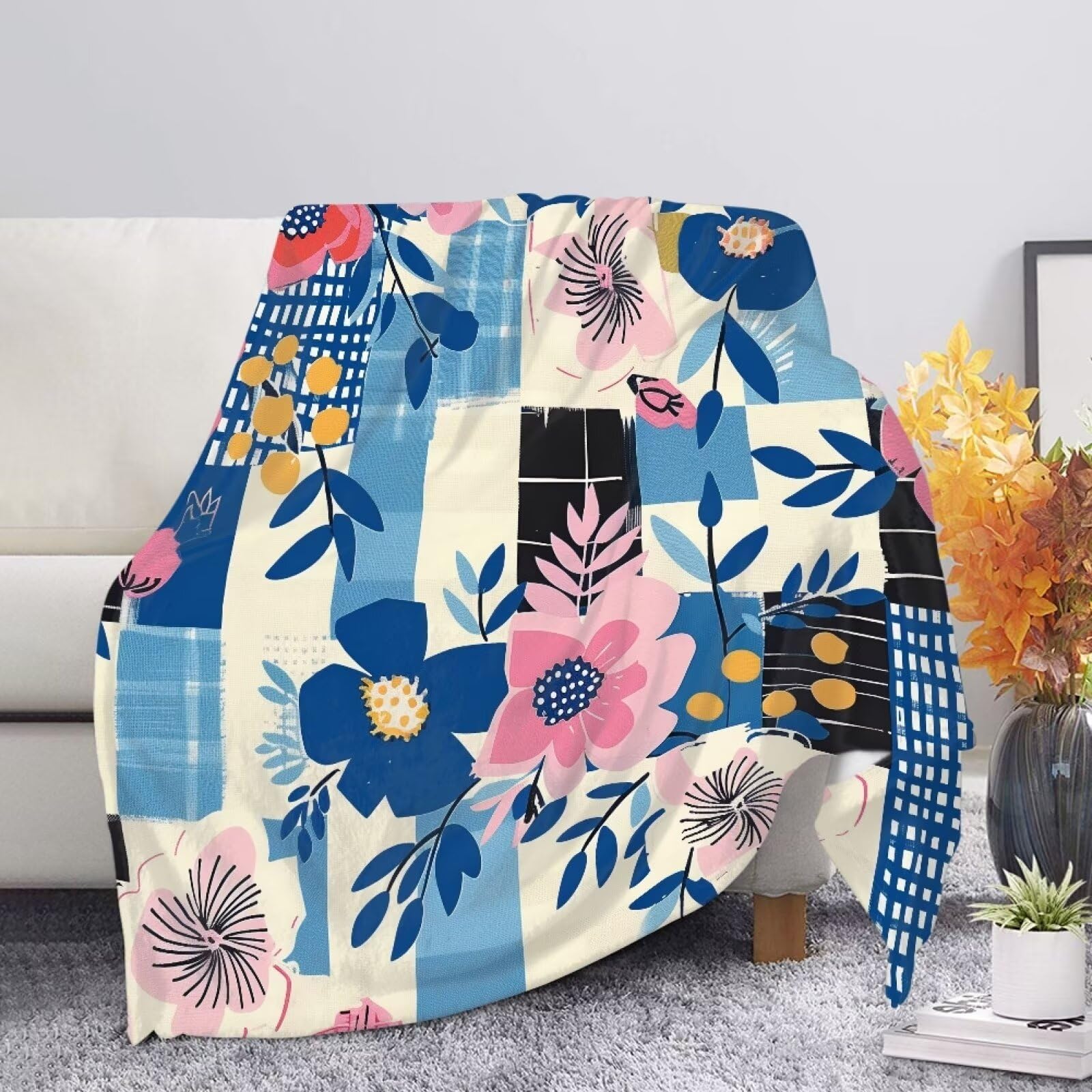 Couverture en flanelle pelucheuse bleue jeté de canapé d'automne au design raffiné