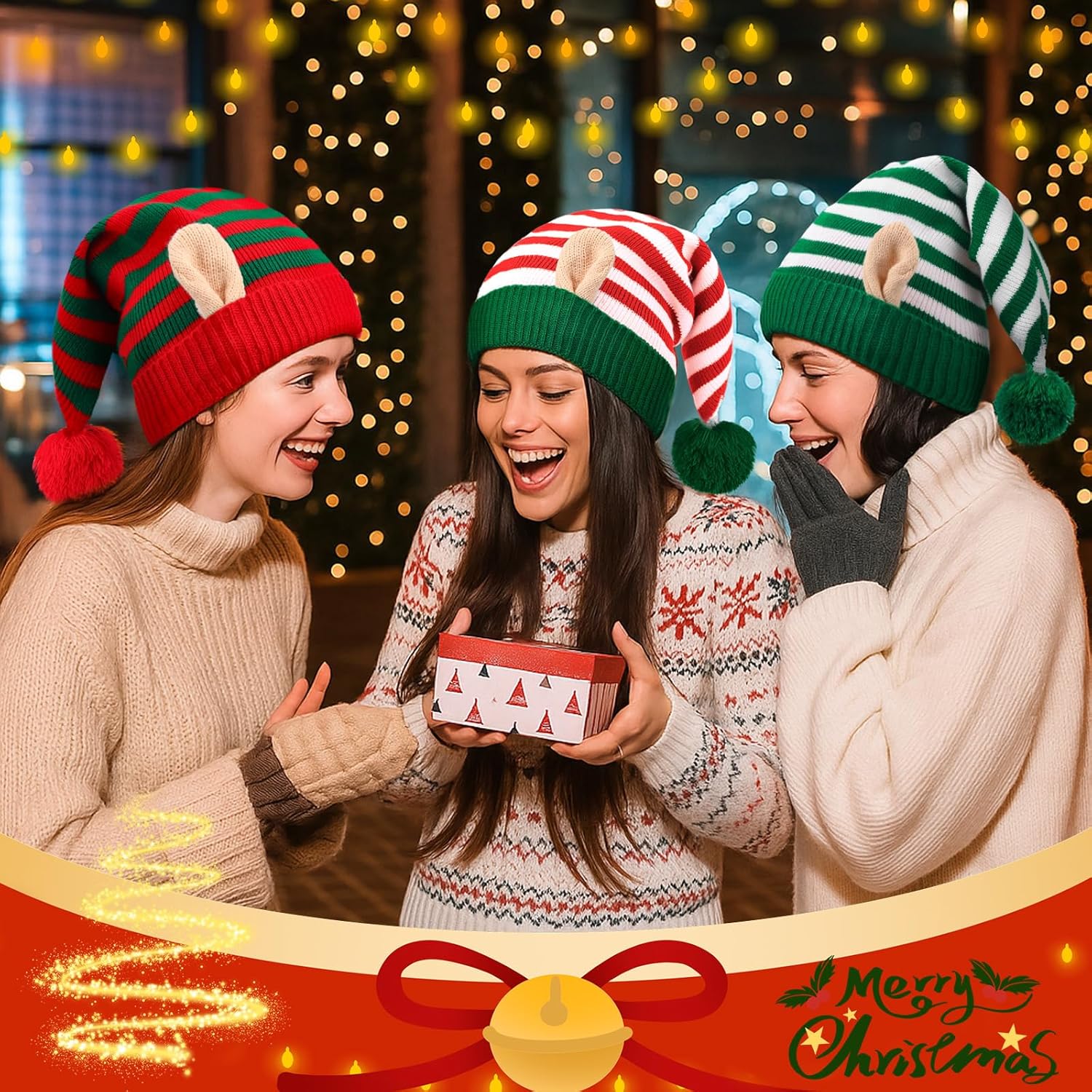 3 Pcs Christmas Knitted Elf Hats with Ears Elf Beanie Crochet Party Hat for Holiday Women Men Accessories - Image 5