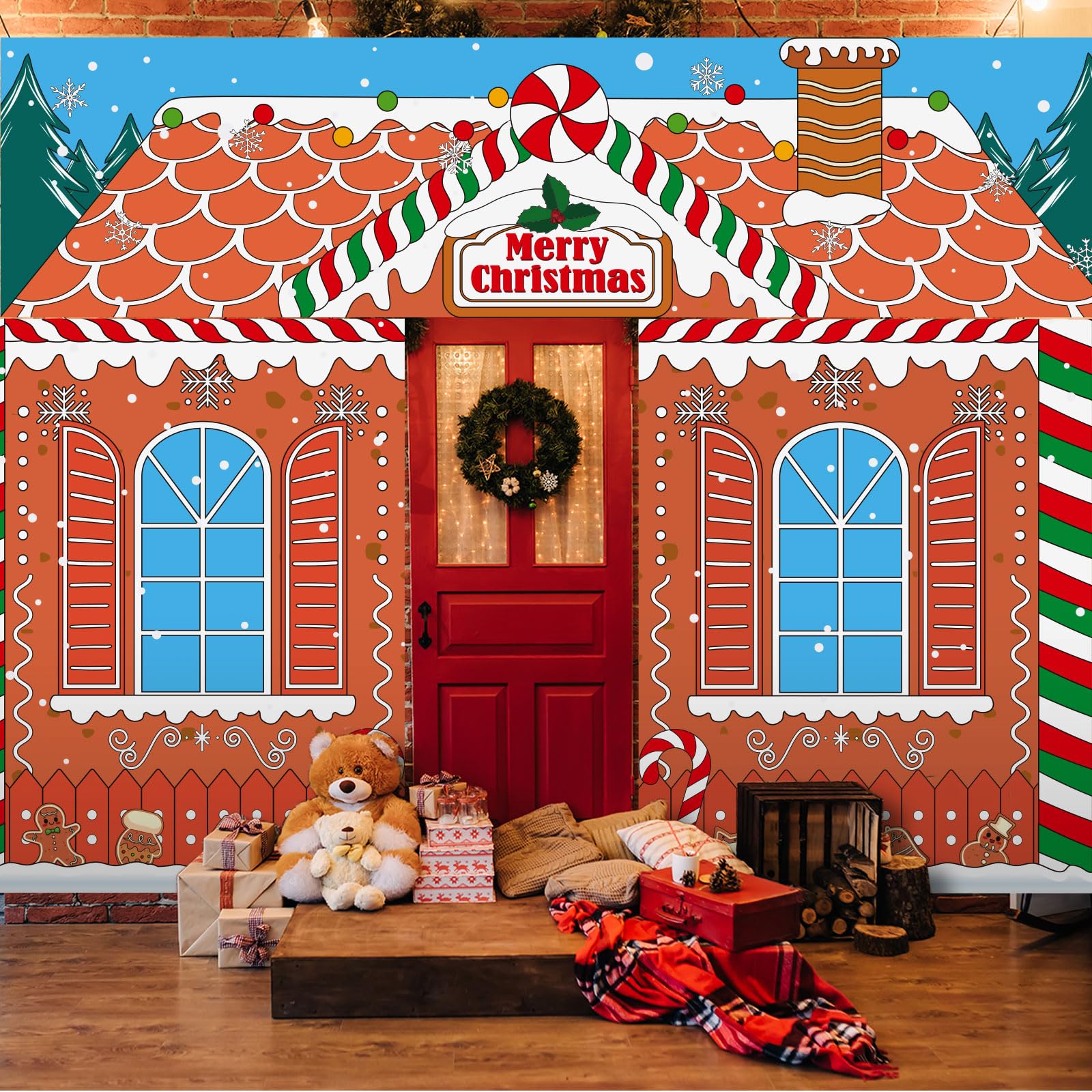HunnmingRe 3 Pcs 157" Large Christmas Gingerbread Classroom Door Decorations Christmas Gingerbread House Party Porch Banner Front Door Cover Xmas Background for Office Decorations Photo Background