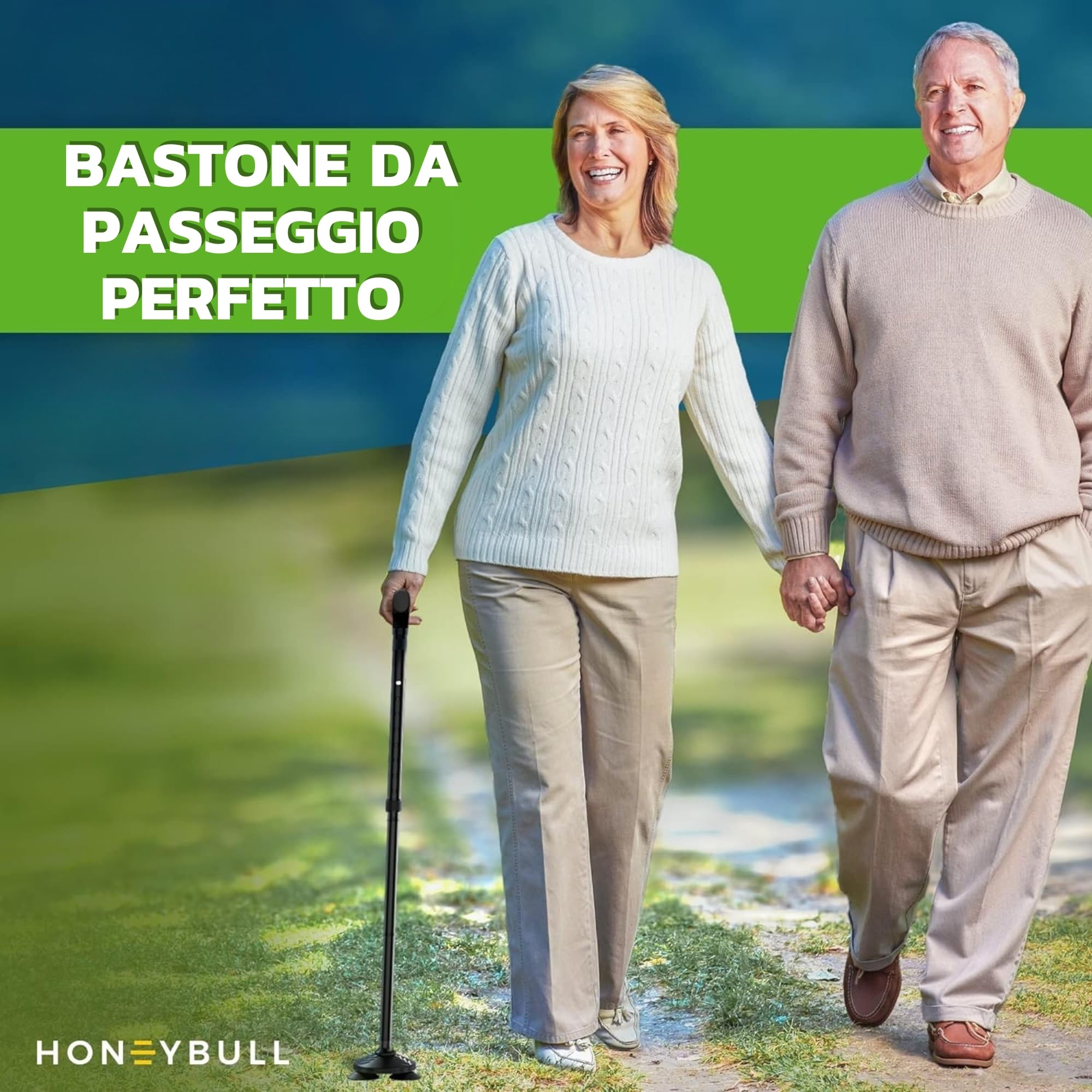 HONEYBULL Bastone da Passeggio Pieghevole per Uomo e Donna, Autoportante con Punta Snodata Antiscivolo, Regolabile e Leggero, Bastone per Anziani e Supporto Equilibrio