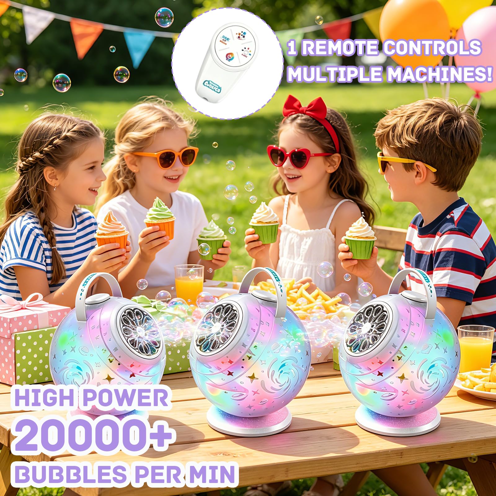 Máquina de pompas de jabón recargable con mando a distancia, 10 agujeros, rotación de 90°/360°, LED, USB-C 45 min tiempo de funcionamiento, burbujas grandes de jabón, para fiestas de