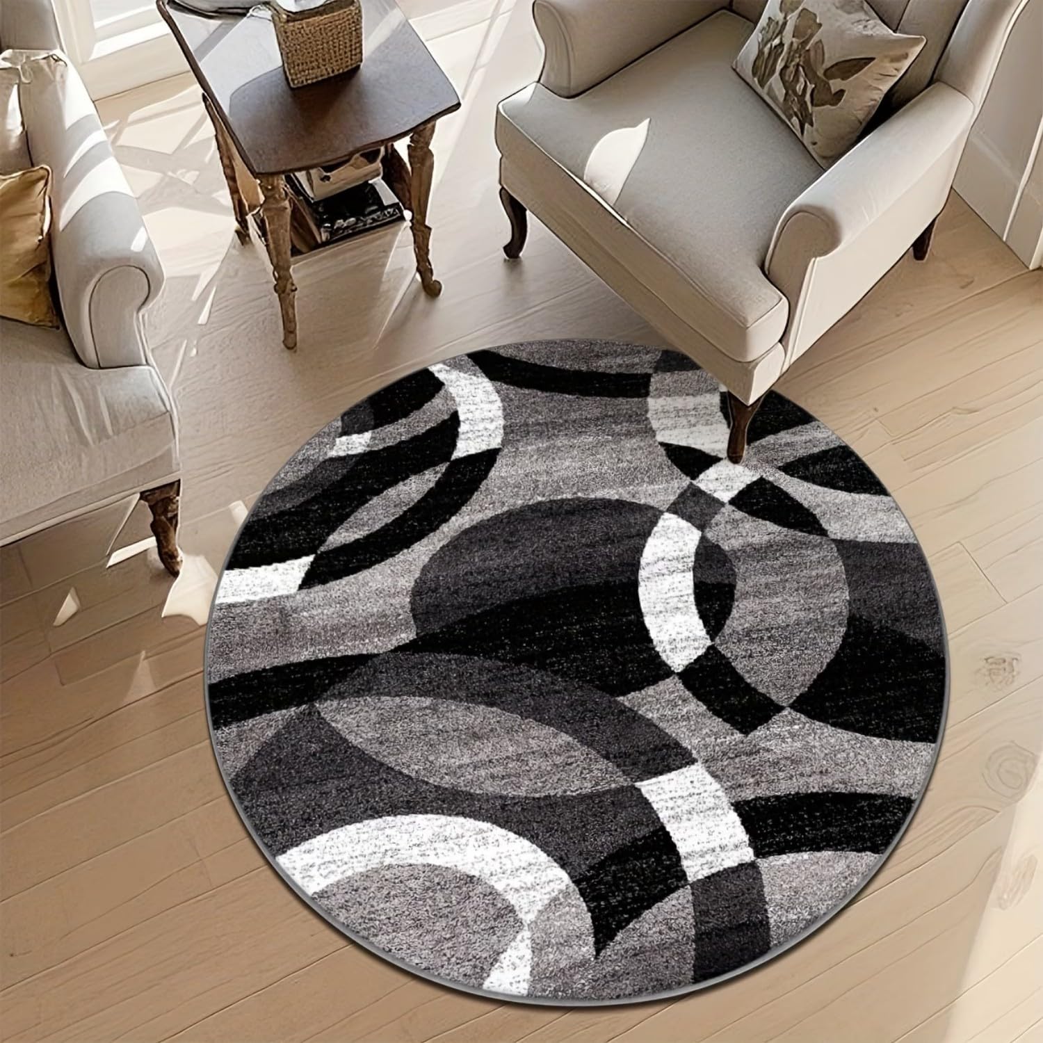 RICAUOU Geometric Round Rug, 100x100cm Modern Gray and White Circle Pattern Design, Minimalist Style Washable Rug Soft, Non-Shedding, and Machine Washable Carpet for Dorms, Offices, and Lounges — image 1