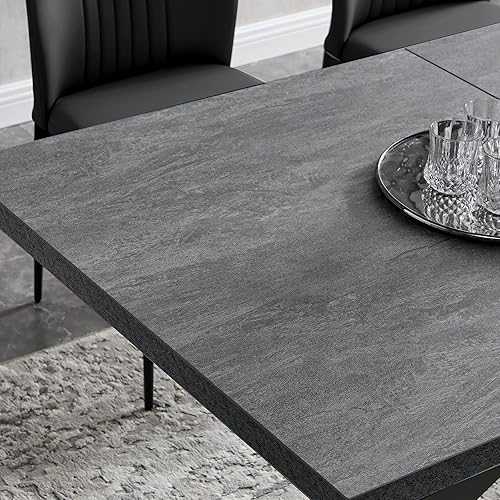 Miniatura 3 de Juego de mesa de comedor ZckyCine para 6, mesa de comedor moderna de 78' de madera oscura y juego de sillas de comedor de tela de 6, juego de mesa