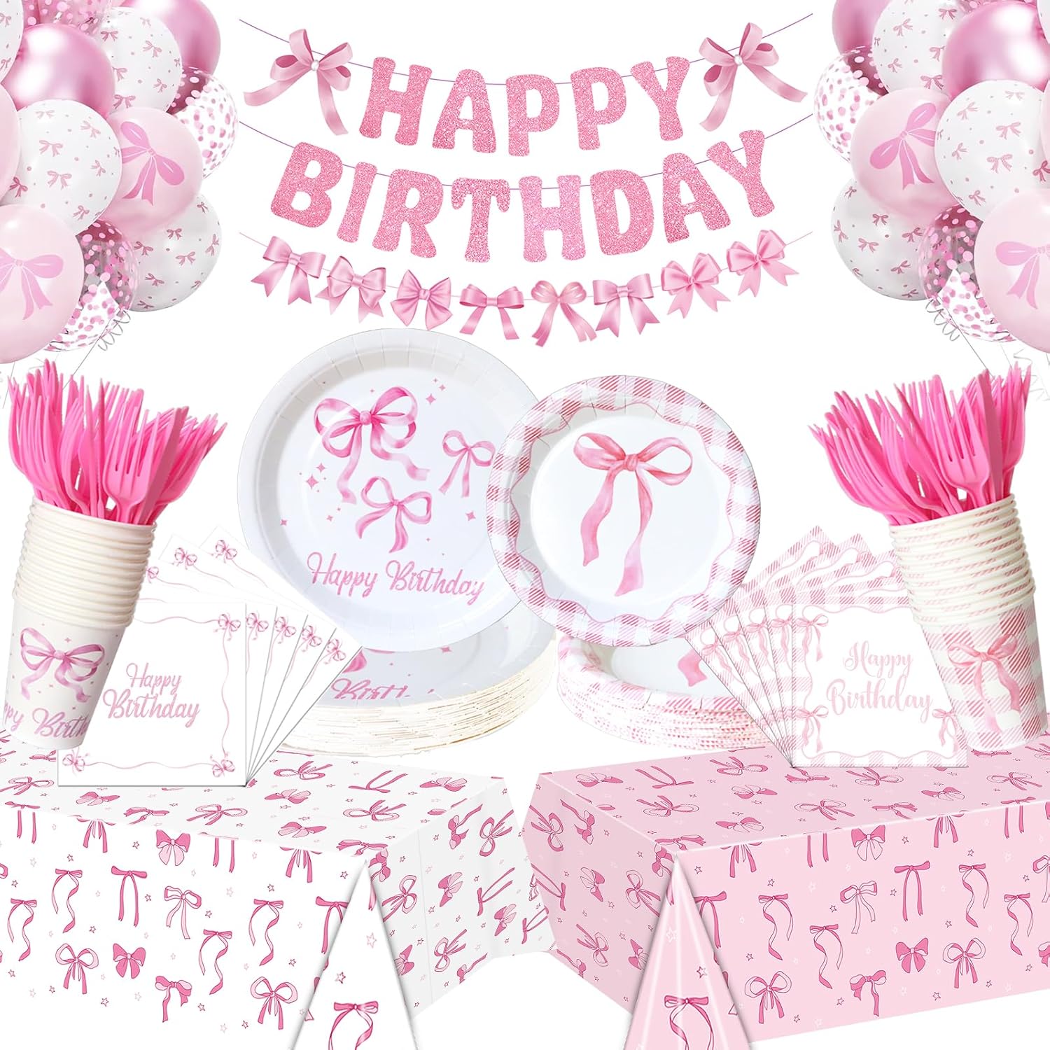 Pink Bow Birthday Decorations Serve 24 Coquette Birthday Decorations Party Supplies, Includes Bow Banner Tablecloth Balloons Plates Flatware Cups Napkins Theme Tableware for Women Girls Party Decor