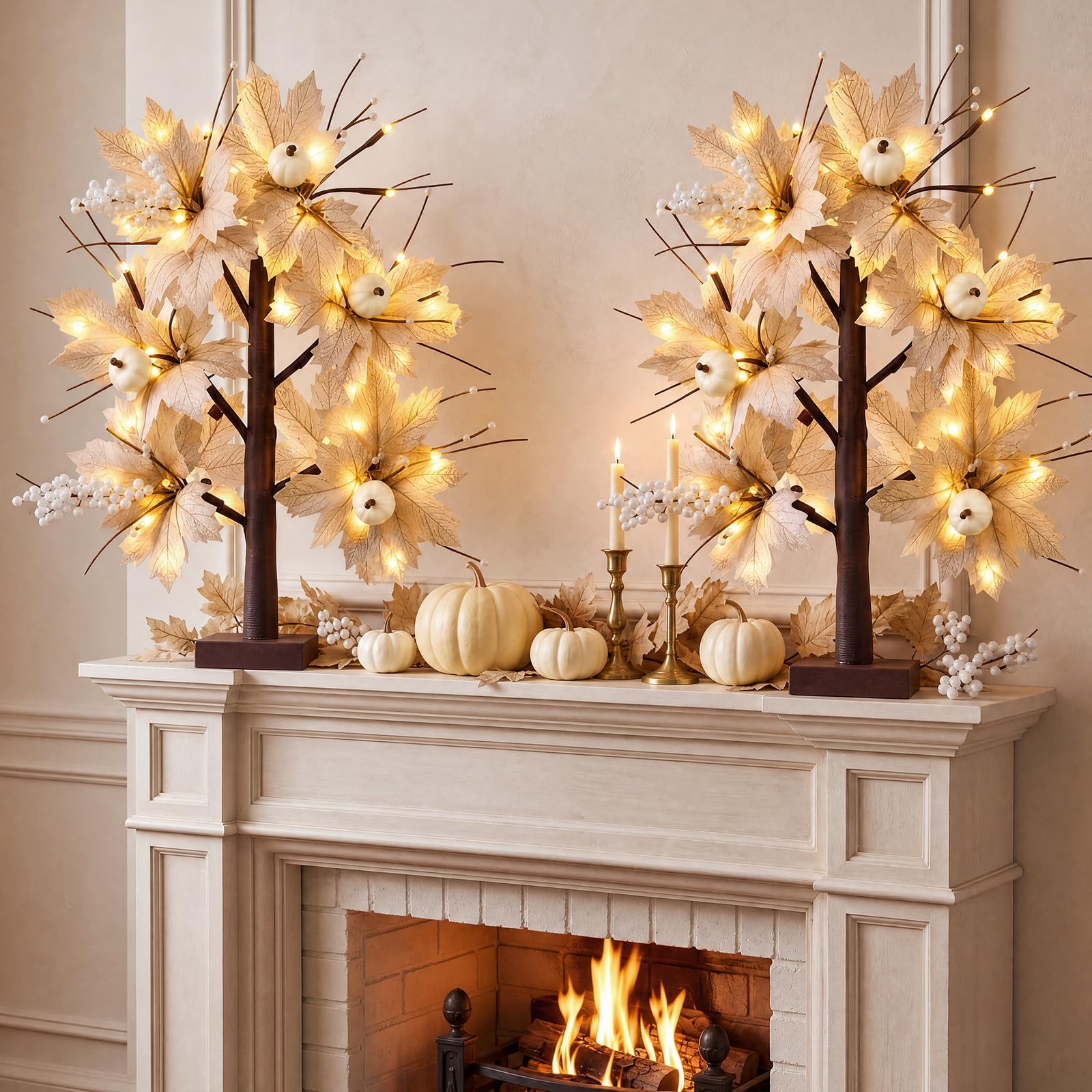 Baquler 2 alberi di betulla illuminati a LED autunnali da 61 cm, foglie di betulla bianche grigie illuminate con zucche autunnali, luce artificiale, pre-illuminate, da tavolo, decorazione per il