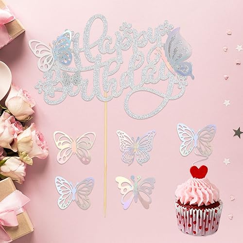 Miniatura 4 de 25 decoraciones de mariposa para tartas con purpurina 3D de mariposa con decoración de pastel de feliz cumpleaños para boda, aniversario, baby
