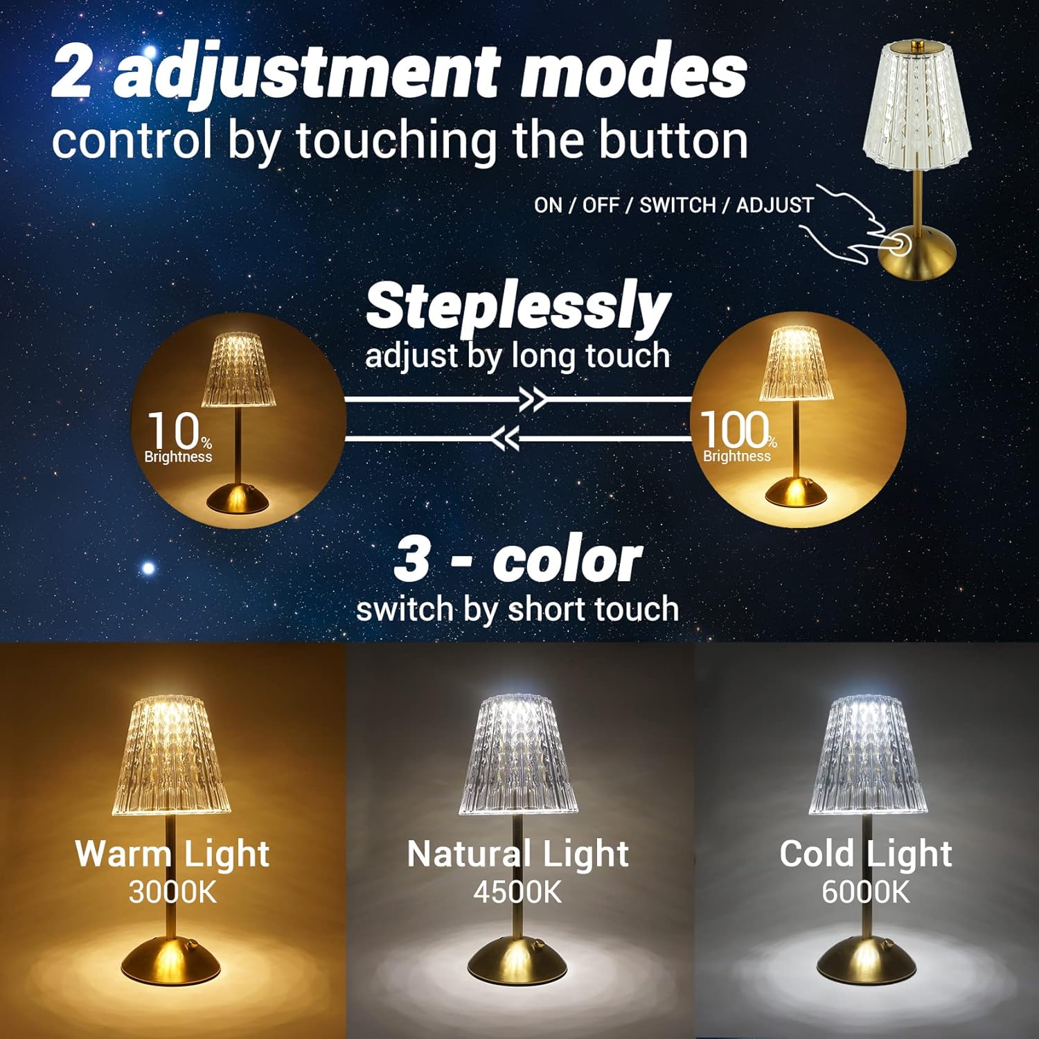 Cordless Table Lamp, Rechargeable Battery Operated Lamp, 3 Color Modes & Stepless Dimmable LED Touch Lamp, Portable Crystal Metal Beside Lamps for Bedroom Restaurant Modern & Retro