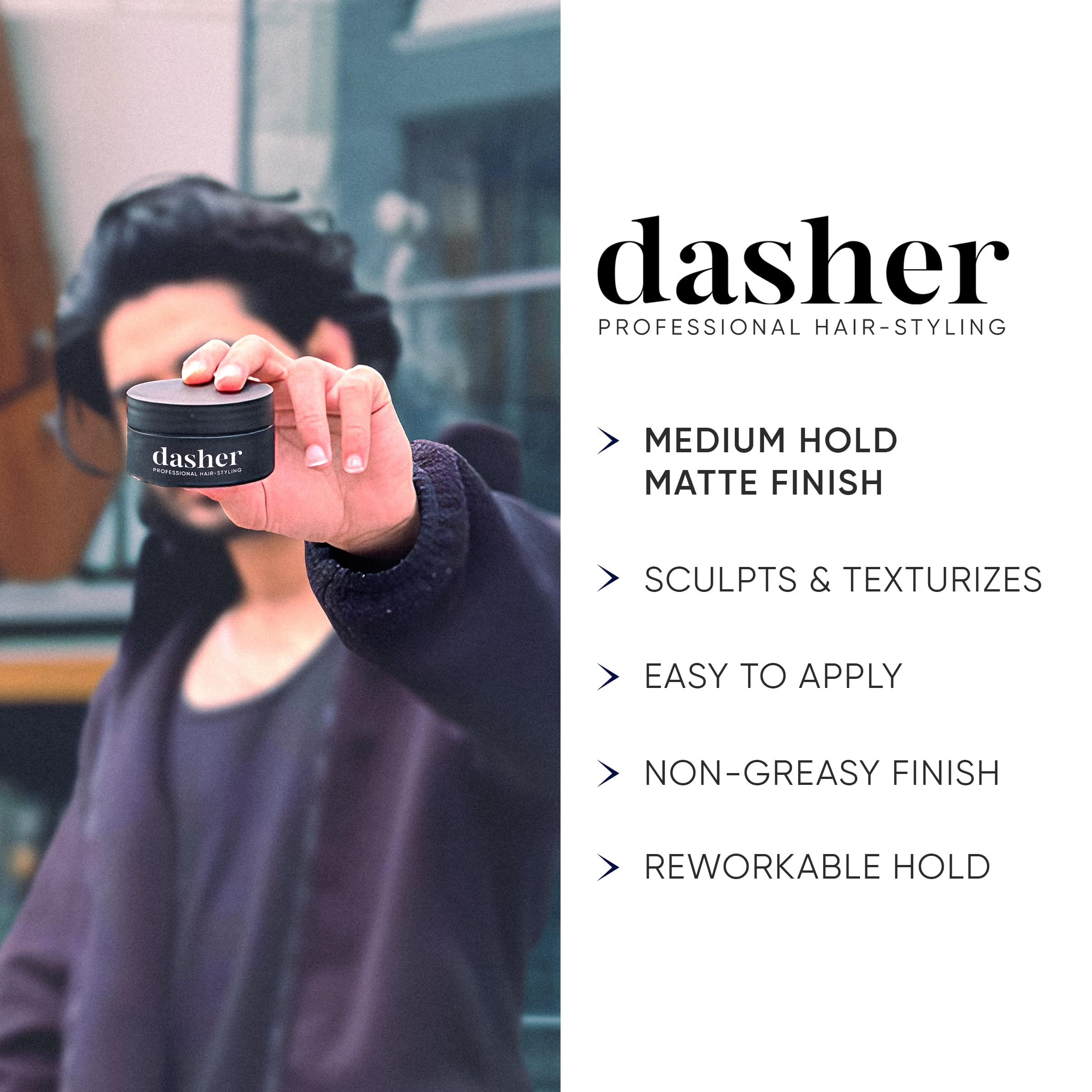 Dasher Texture Clay For Men's Hair (100g), Medium Hold & Matte Finish Puck, Easy To Apply, Flexible Hold & Water-Based, With Vitamin E & Biotin