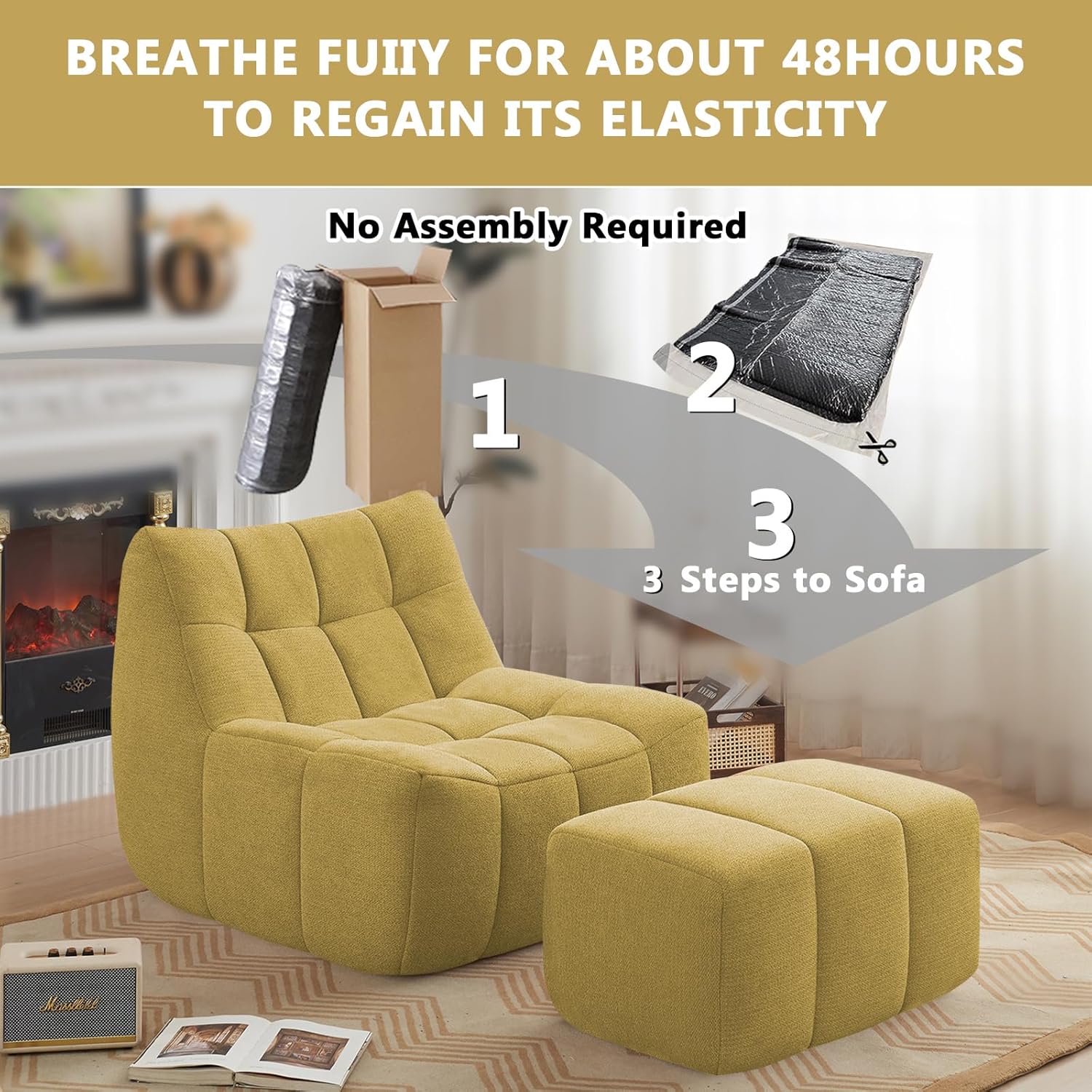 Comfy Lounge Chair with Ottoman, Single Seat Lazy Sofa Couch with High-Rebound Memory Foam, Cozy Bean Bag Chair for Bedroom, Living Room, Office (Yellow)