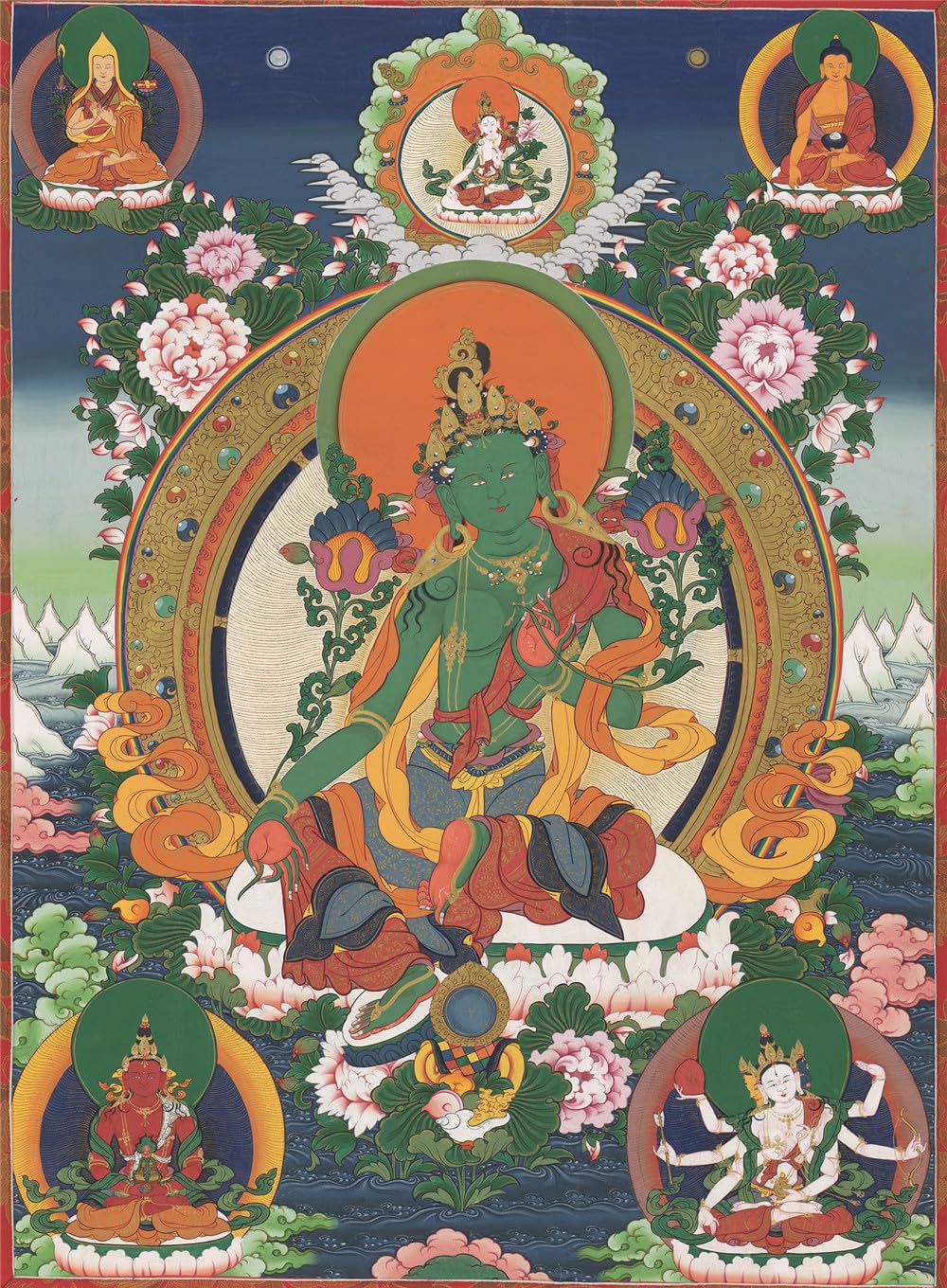 Gandhanra Tibetische Thangka-Kunst–Grüne Tara Thangka–Hochauflösender Digital-Giclée-Druck und doppelt handgerahmt - Buddhistische Wandbehang-Tapisserie - 47" x 32"