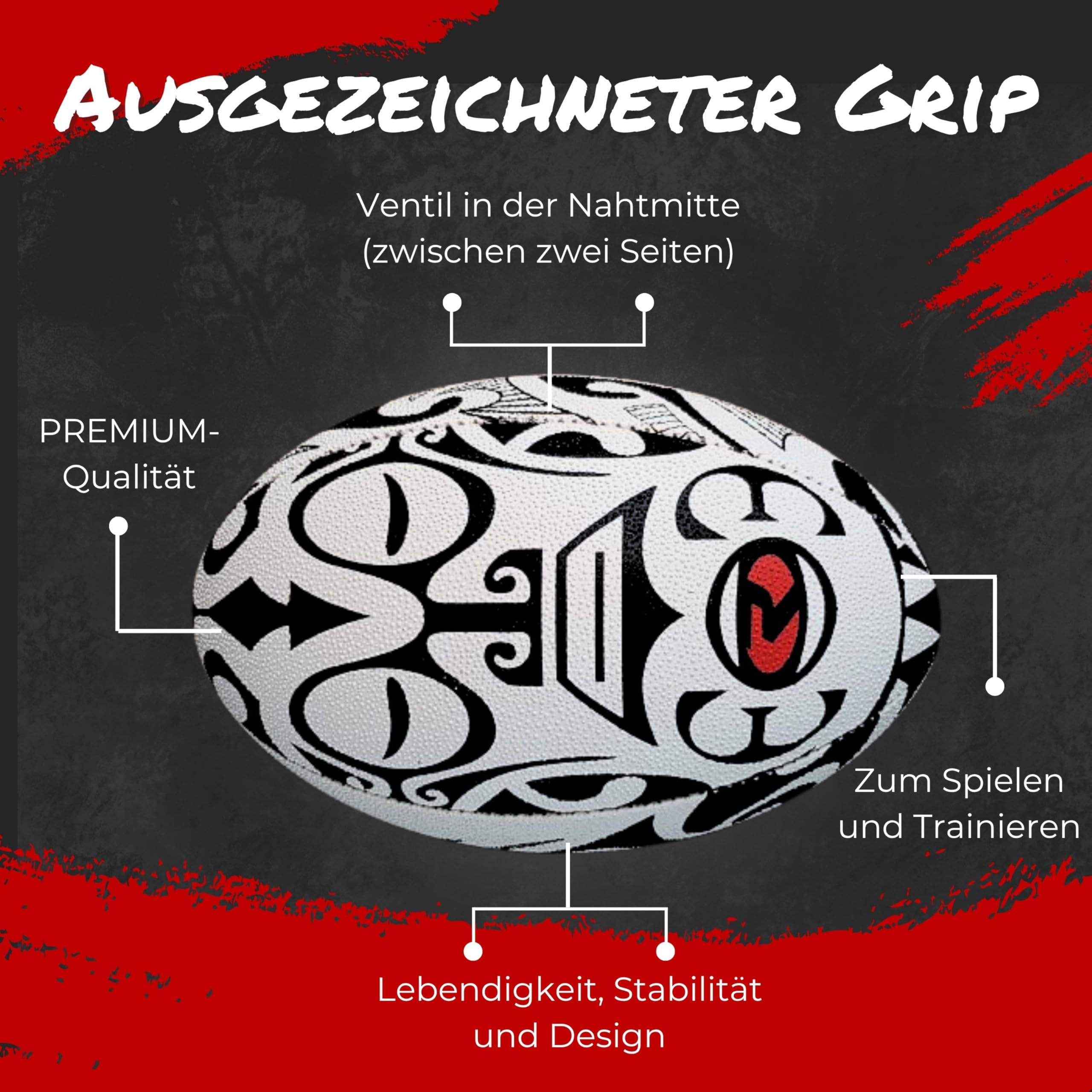 Trainings-Rugbyball Größe 5 – Premiumqualität – Für Training und Spiel – Herrenmannschaften & Seniorenteams – Maori Face