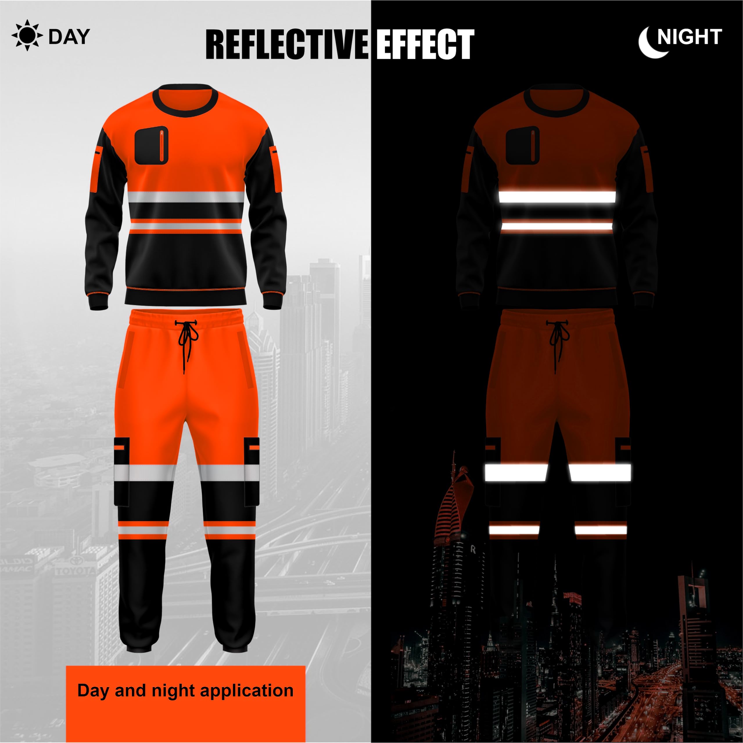 Set tuta da lavoro in pile ad alta visibilità, orlo aperto, pantaloni con risvolto, tasche con coulisse, felpa a maniche lunghe, set di pantaloni e top di sicurezza, Arancione e nero., XXL