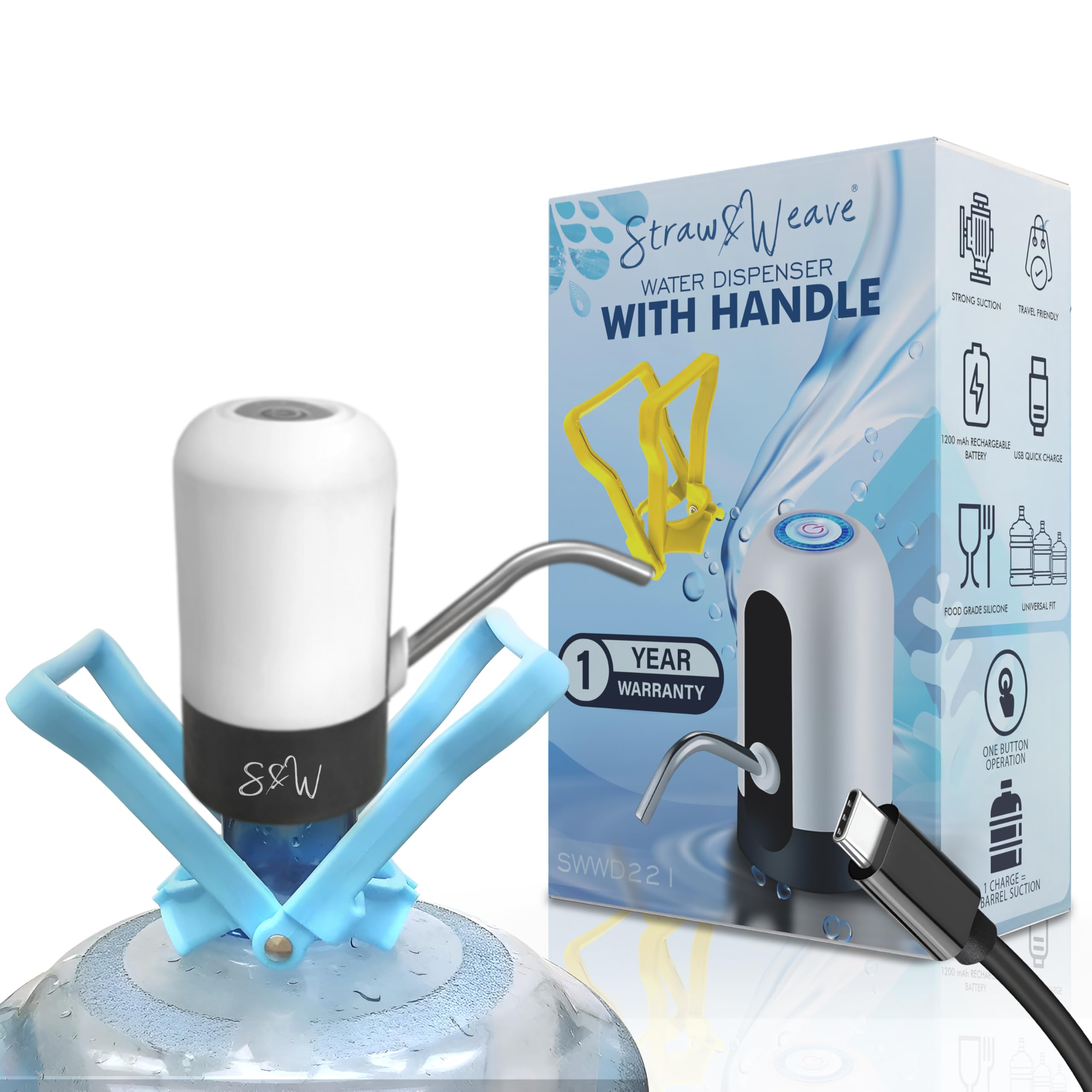 STRAW&WEAVE Automatic Water Dispenser Pump For 20 Litre Bottle With Handle For 20 L Jar | Heavy ABS Handle For Lifting 20L Bottles | Big Battery Water Pump | 1 Year Warranty On Pump & Handle, White-image-44