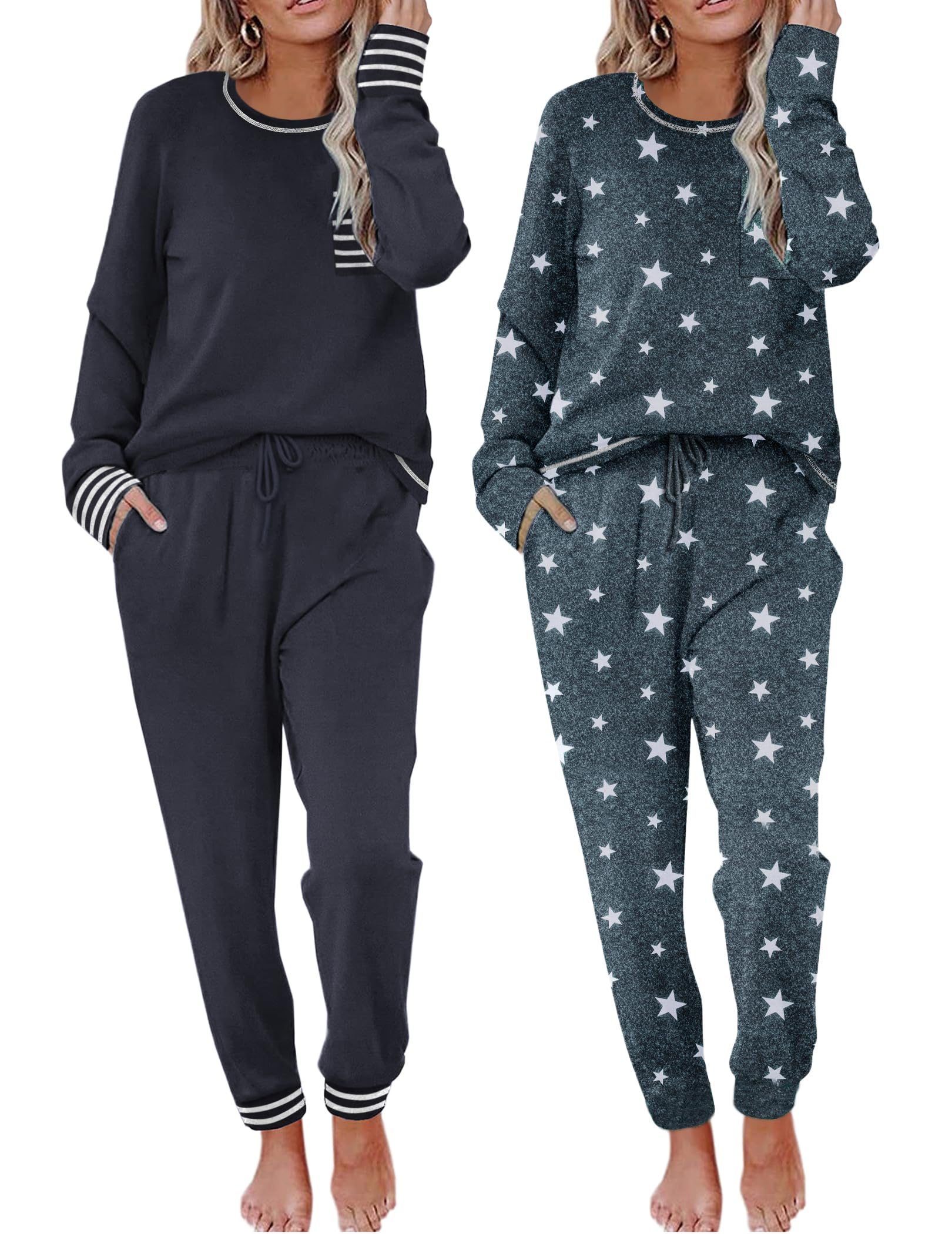 Ekouaer 2 Pack Womens Pajama Sets Long Sleeve Lounge Sets Soft Pj Loungewear Sleepwear